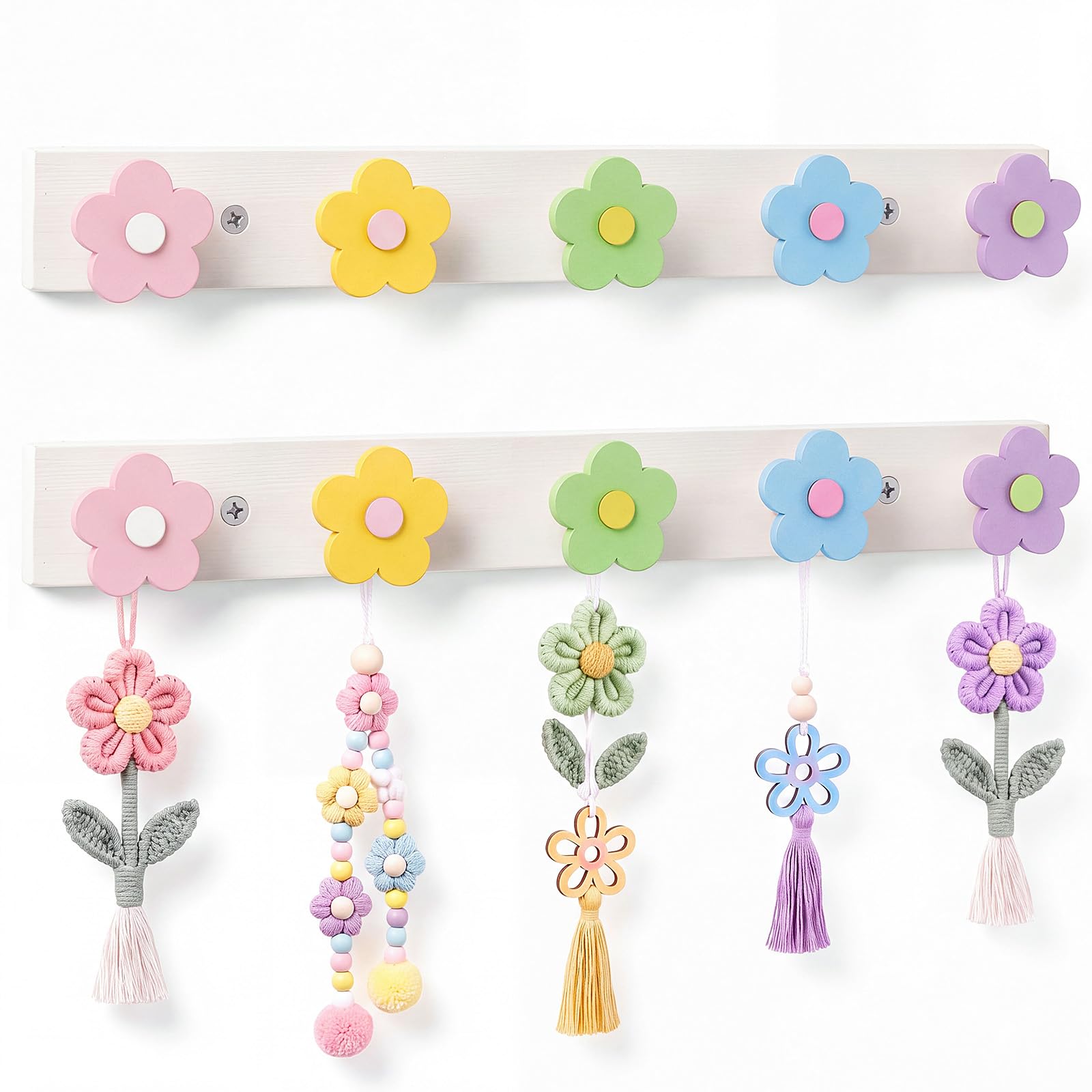 2 Pcs Kids Coat Rack Wall Mount Rainbow Kids Wall Hooks Decor, Flower