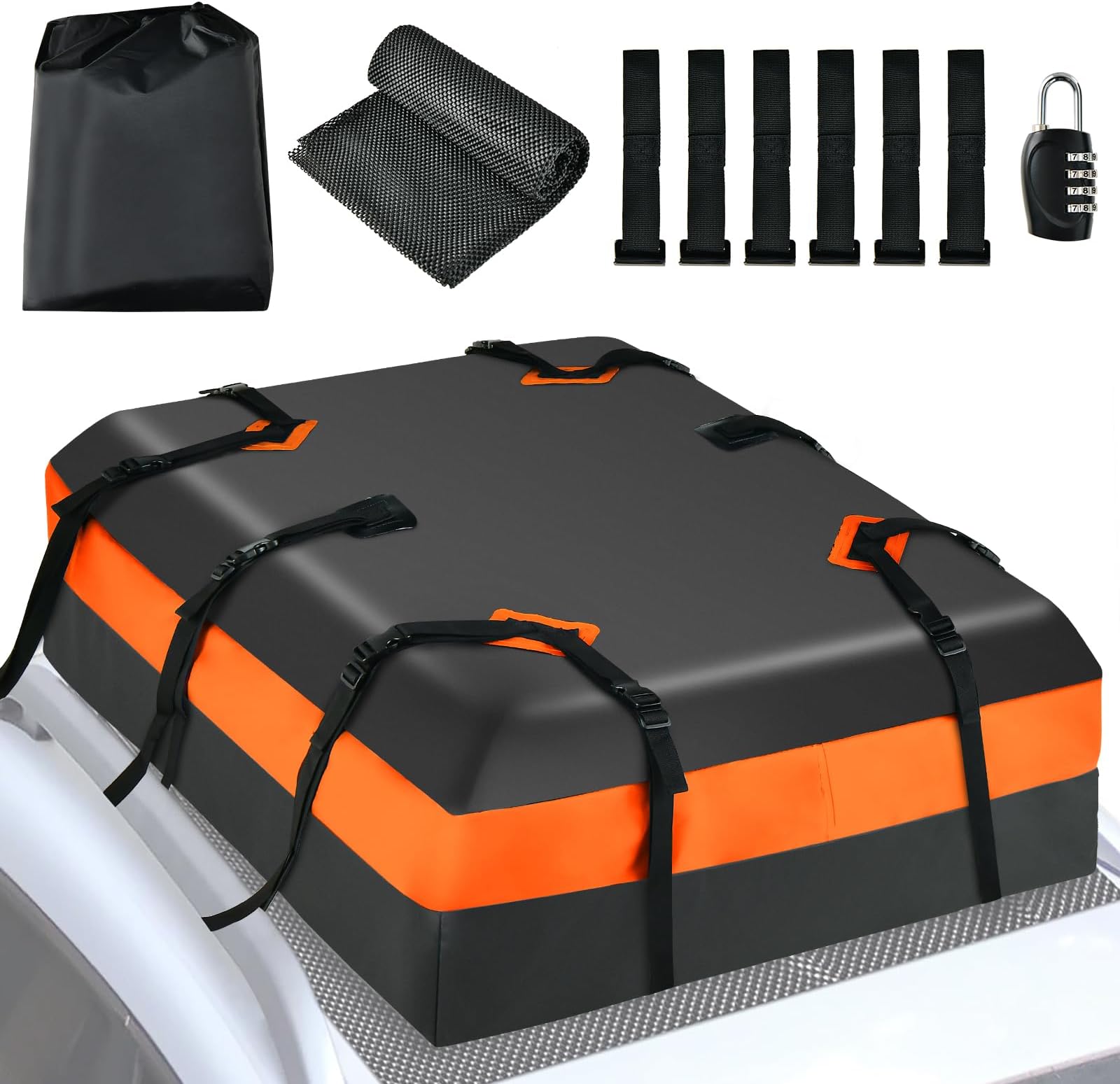 HOMFME 15 Cubic Feet Car Roof Bag, Waterproof 840D PVC Rooftop Cargo Carrier Box with Non-Slip Mat, 6 Door Hooks, Straps and Combination Lock, 424L Roofing Luggage Storage Bag for SUV Car