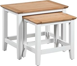 Hallowood Furniture Clifton Off White Painted 2 Nest of Tables with Light Oak Top – Solid Wooden Nesting Tables for Living Room Hallway –Multifunctional Coffee Table & Lamp Stand – Side Tables