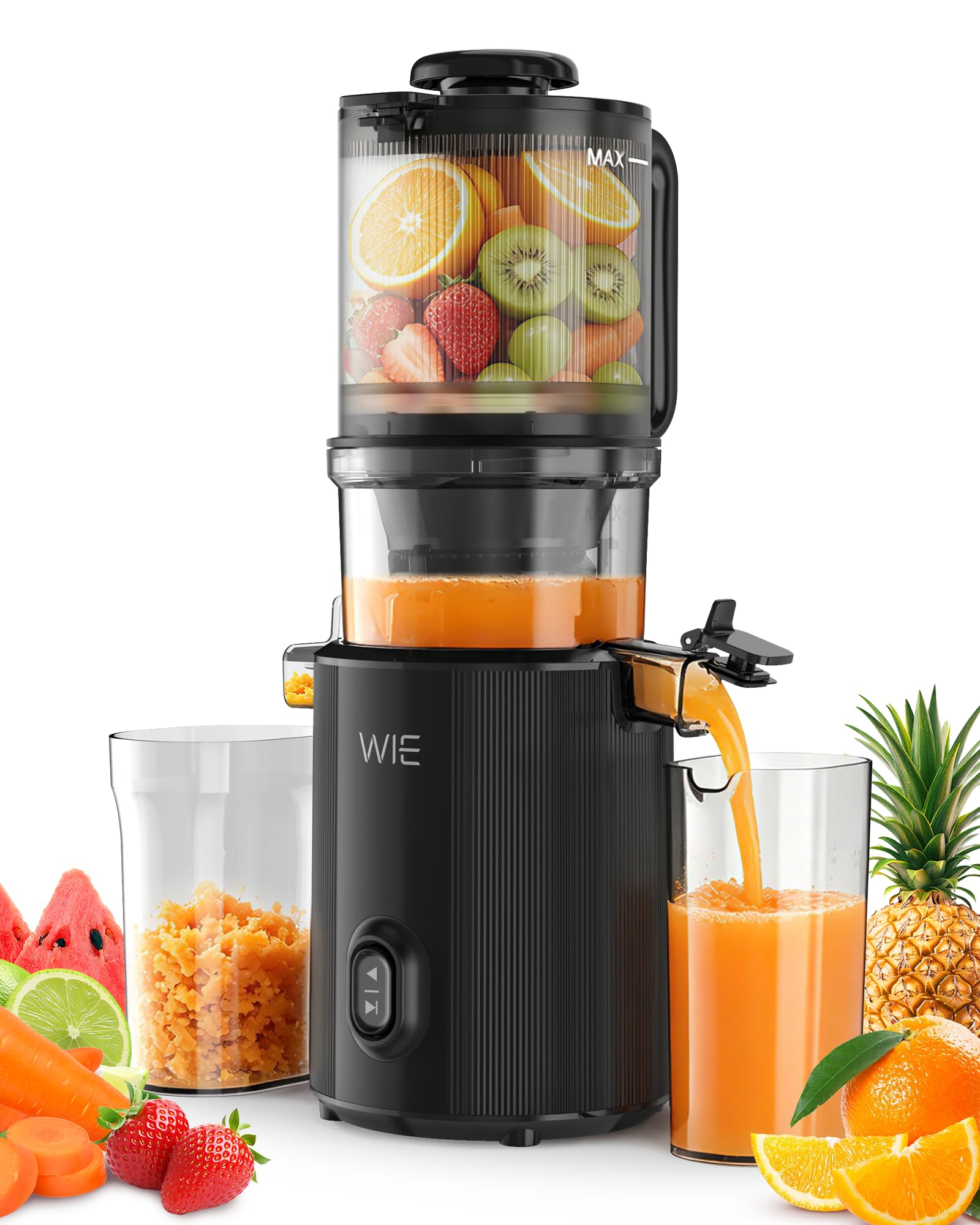 WIE Extractor de Zumos y Verduras, 300W Licuadora Prensado en Frío | Slow Juicer Machine con Boca XL 135mm, Capacidad 2,2 L para Frutas y Verduras Enteras, Fácil Montaje y Limpieza, Sin BPA