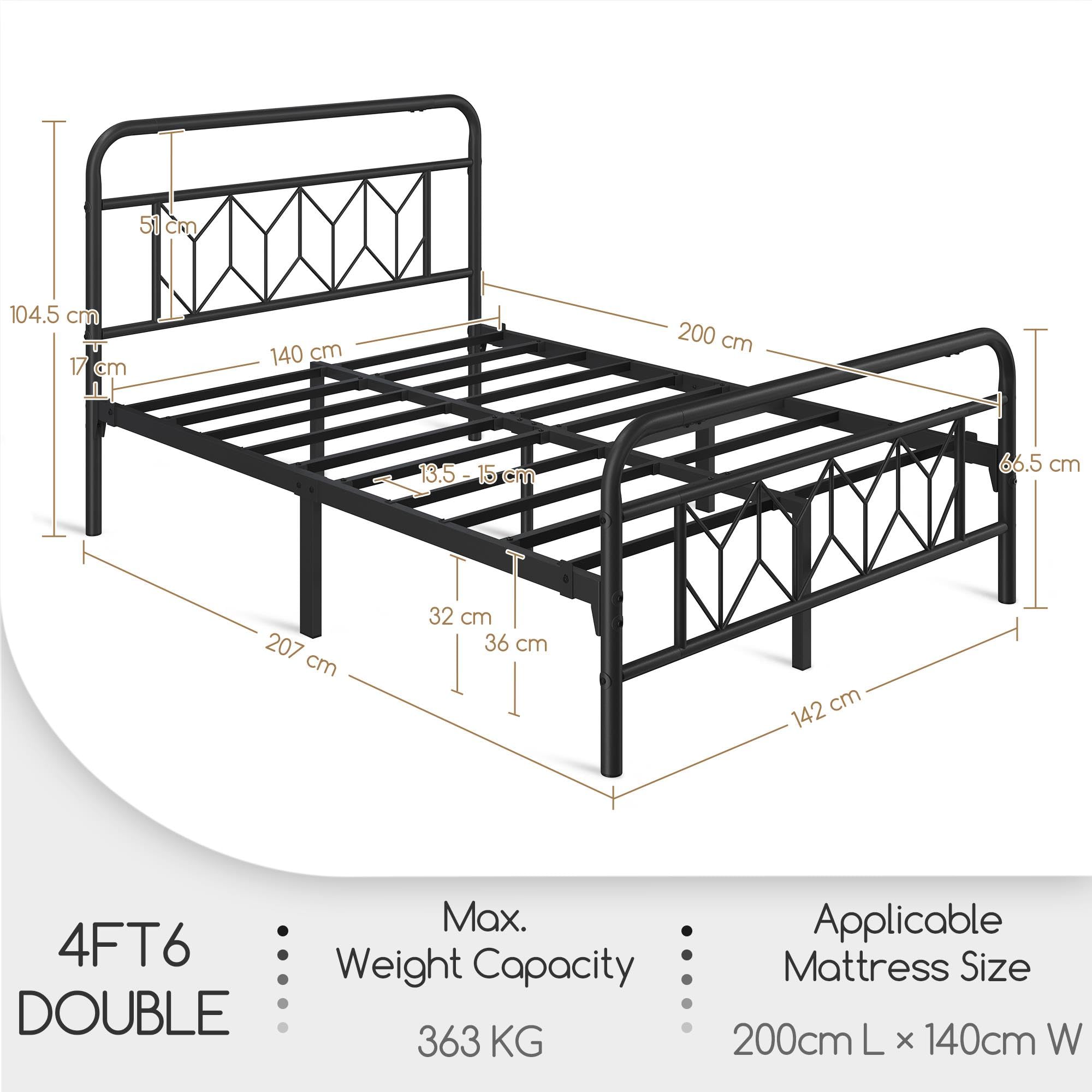 Yaheetech Metallbett 140 x 200 cm Vintage Bettrahmen mit Hohem Kopfteil, Bettgestell Moderner Minimalistischer Doppelbett mit Lattenrost & Stauraum unter dem Bett für Schlafzimmer Gästezimmer, Schwarz
