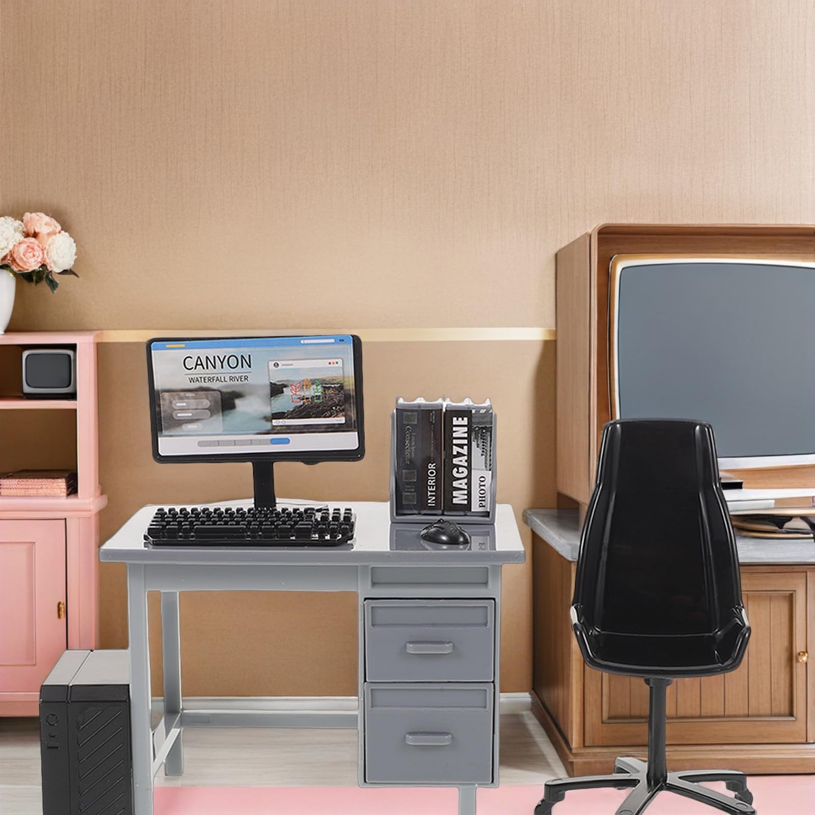 Balacoo Set di 2 set di scrivania per computer in miniatura, scala 1:12 | Accessori per mobili per casa delle bambole con computer, tavolo, sedia, tastiera, mouse, monitor libri, CPU