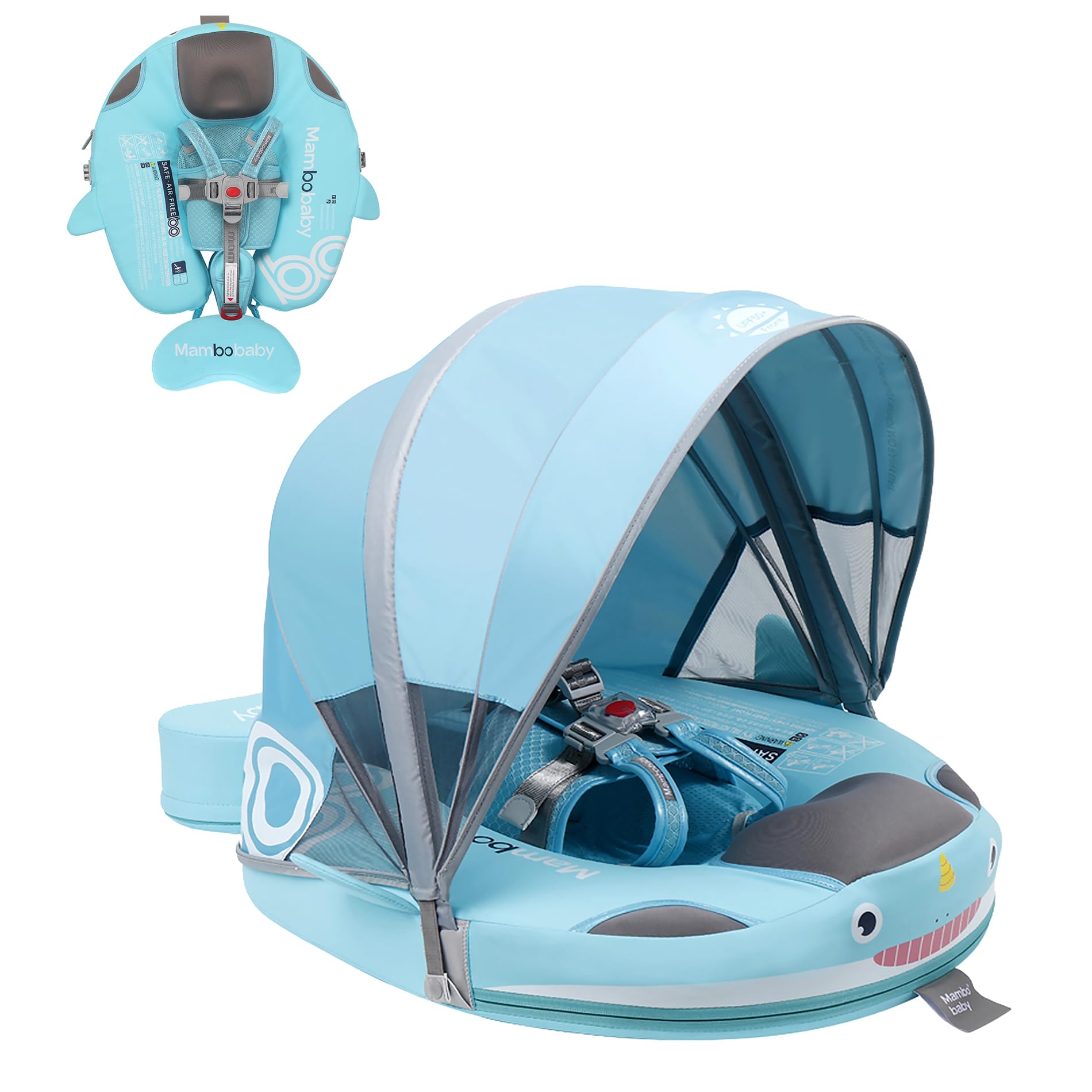 Mambobaby Floats with Canopy &Tail, Non-Inflatable Baby Float for Pool Add Tail Avoid Flip Swim Trainer Baby Floats for Toddler Boys Girls(Narwhal-Green)