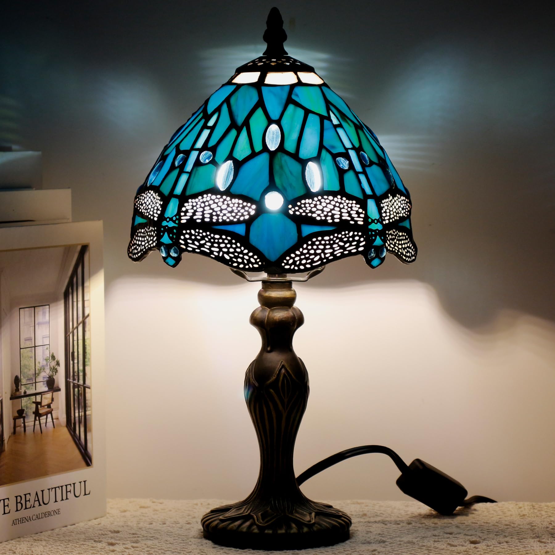 TCODTPOL Small Tiffany Stained Glass Table Lamp,Green Dragonfly