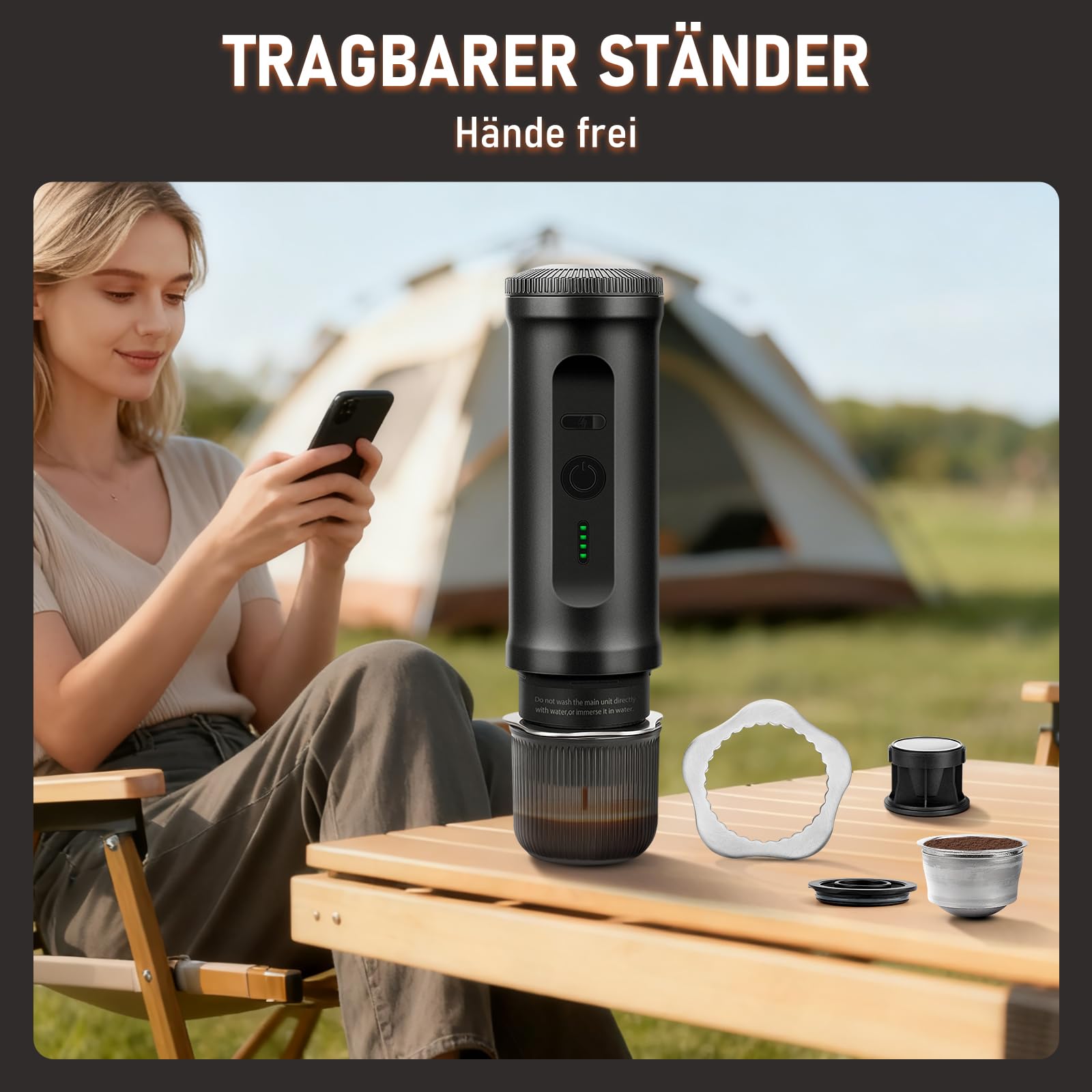 ICARE Tragbare Kaffeemaschine mit Akku, 2-in-1 für Kapseln und Gemahlenen Kaffee, Kaffeemaschine to Go mit Tragetasche und Halterung, Tragbare Espressomaschine für Camping, Auto, Reisen und Büro