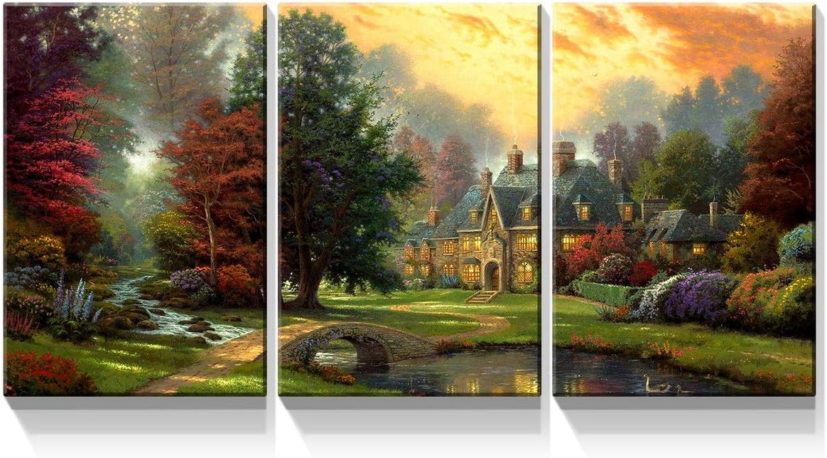 Denozer 3 Panels Classic American Countrystyle Canvas Wall Art 12x16 inch Thomas Kinkade Garden Landscape Painting for Living Room Modern Landscape Prints for Home Decor