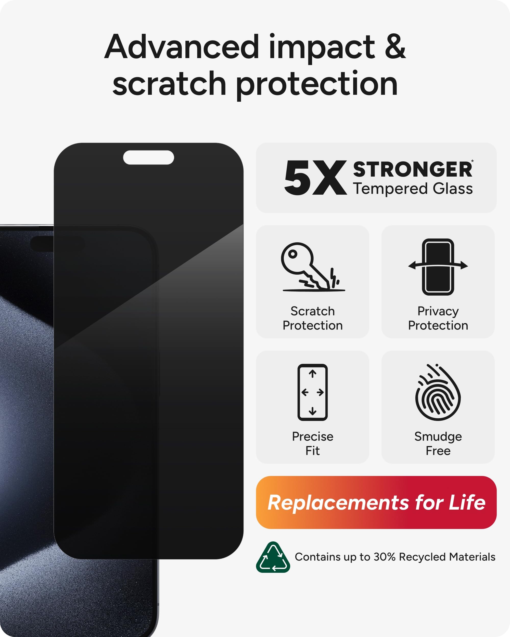 ZAGG InvisibleShield Glass Elite Privacy - Protector de pantalla para iPhone 15 Pro Max, 5 veces más fuerte con bordes reforzados, filtro de privacidad de 2 vías, superficie resistente a arañazos y