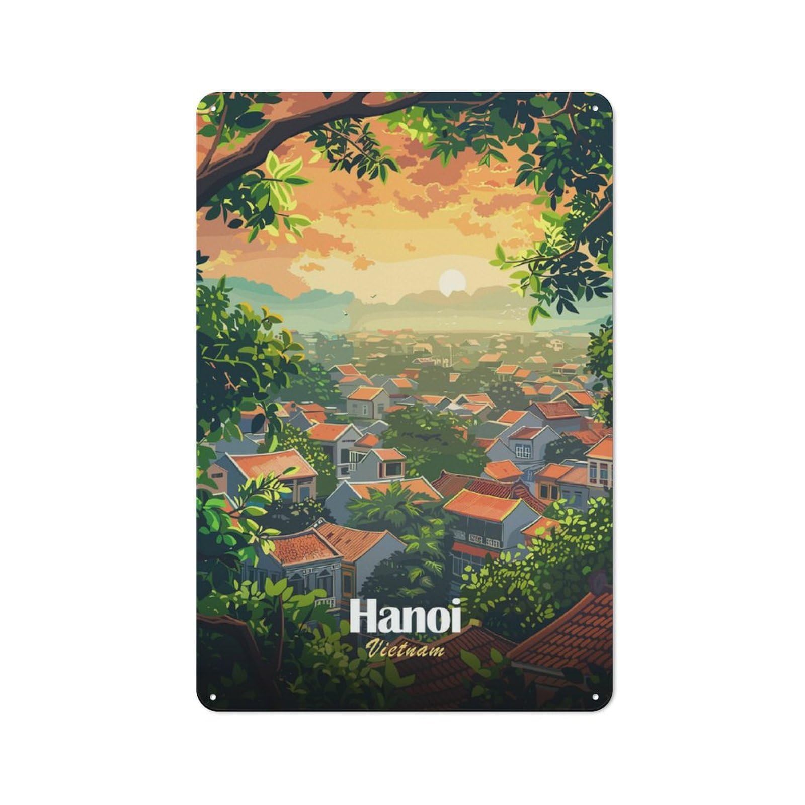 Junmoney Style-23 Country Metal Sign With Hanoi, Vietnam Cityscape Illustration Design 30X20cm, Barn Style Rustic Kitchen Decor For Farmhouse Kitchen, Pantry Or Dining Area