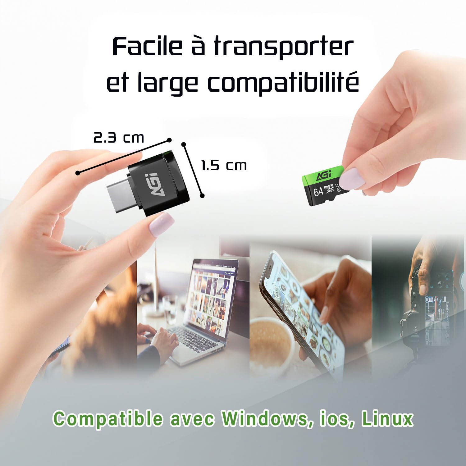 AGI TF138 Carte Micro SD MicroSDXC 64 Go avec Adaptateur SD Lecteur de Carte Type C USB 2.0 OTG