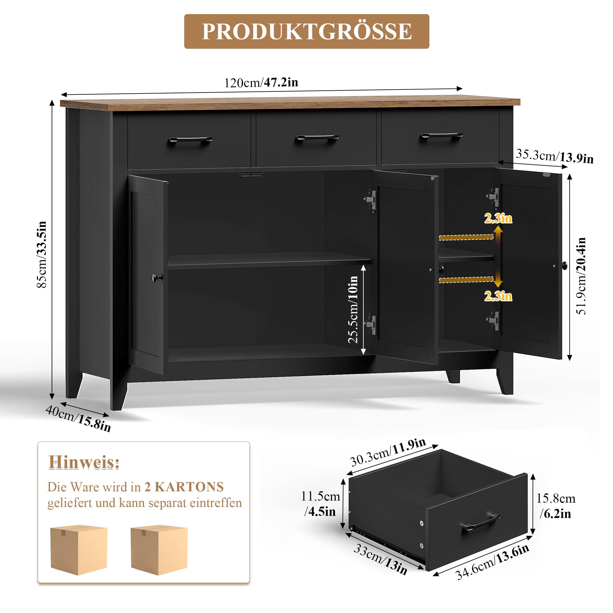 HOCSOK Sideboard, Küchenschrank mit Arbeitsplatte, Küchenbuffet Buffetschrank mit 3 Schubladen, 3 Türen, 1 Festes und 1 Verstellbares Regal, für Küche, Wohnzimmer, Esszimmer, 120 x 40 x 85cm