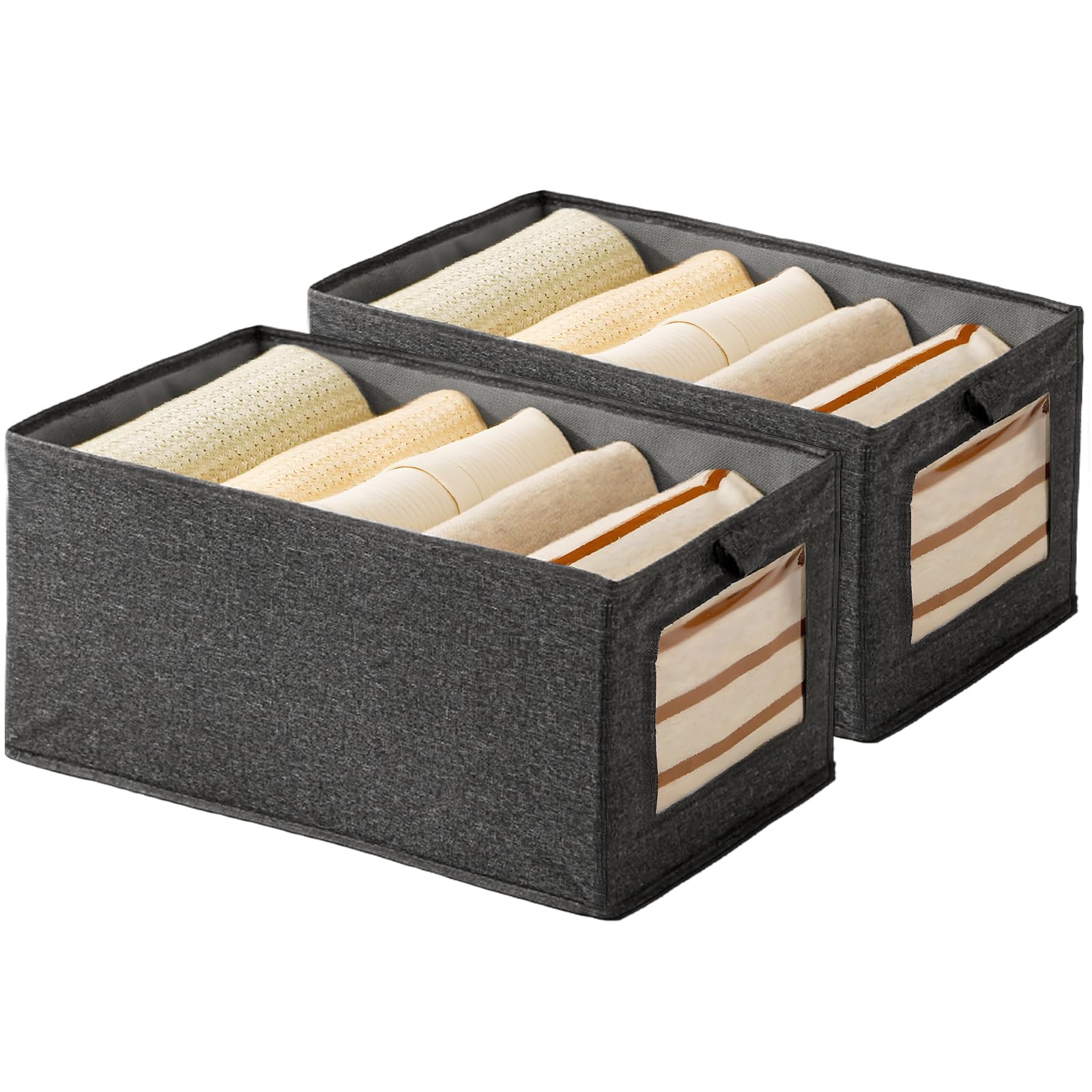 Wardrobe Storage Organiser Foldable - 2Pcs Drawer Organiser Clothes Fabric Storage Boxes Bin with Clear Window Shelf Stackable Clothing Storage Boxes for Underwear Jeans Pants Shirts Leggings Toy