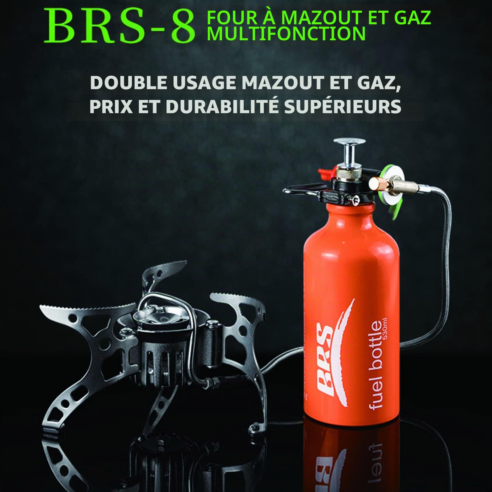 BRS-8 Cuisinière d'extérieur multi-combustibles – Réchaud à kérosène portable avec brûleurs à gaz pliables pour camping et pique-nique