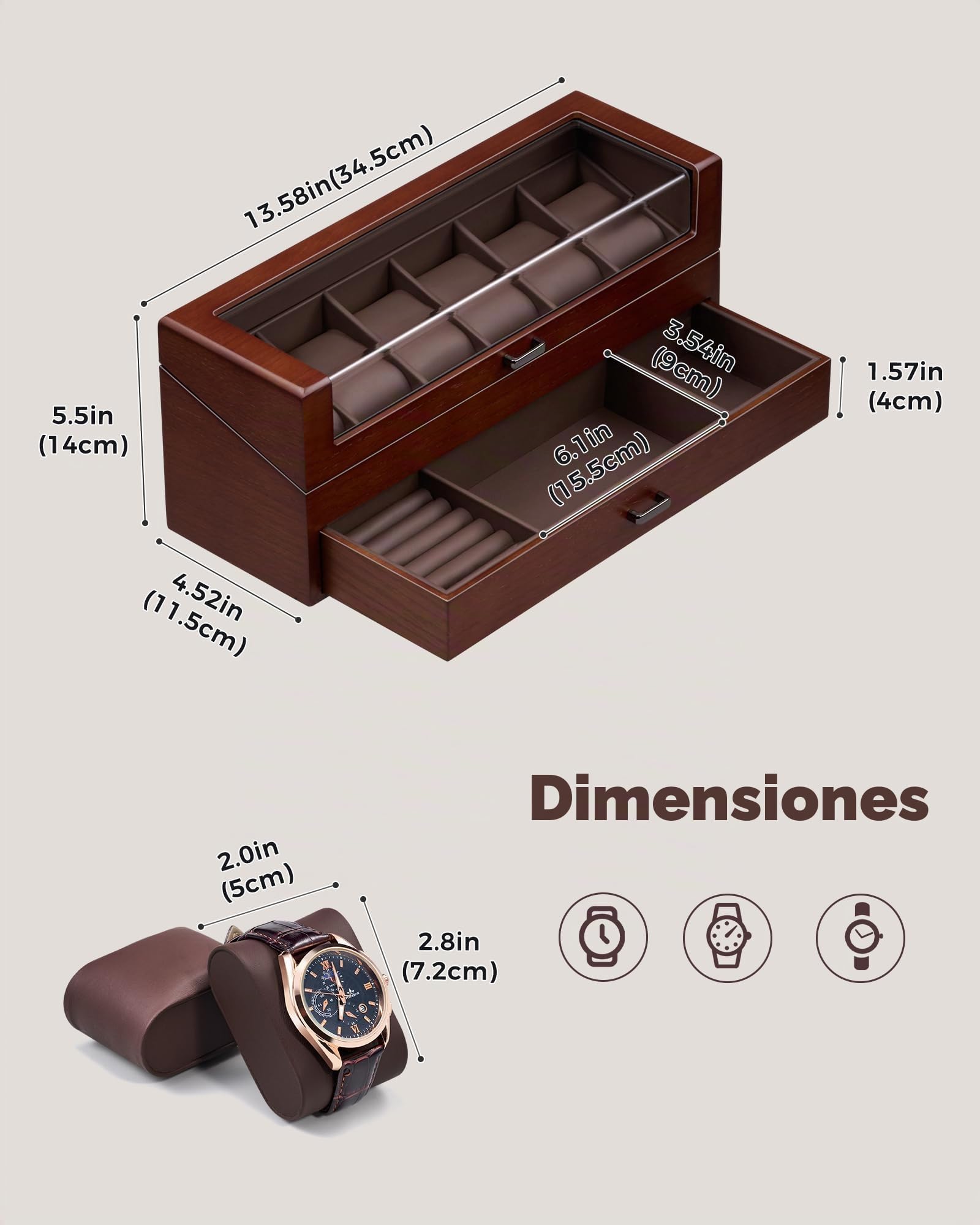 ProCase Estuche para Relojes de Madera, Caja Organizadora de 6 Ranuras con Cajón y Tapa de Cristal, Almohadillas y Forro Interior Suave, Porta Relojes para Hombre –6 Slot, Marrón