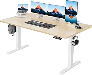 HUANUO 55" x 28" Electric Standing Desk Adjustable Height, 4 Memory Height Settings, Headphone Hook, Cable Manager, Sit Stand Up Desk for Home Office & Computer Workstation, Nature