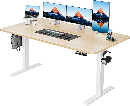 HUANUO 55" x 28" Electric Standing Desk Adjustable Height, 4 Memory Height Settings, Headphone Hook, Cable Manager, Sit Stand Up Desk for Home Office & Computer Workstation, Nature