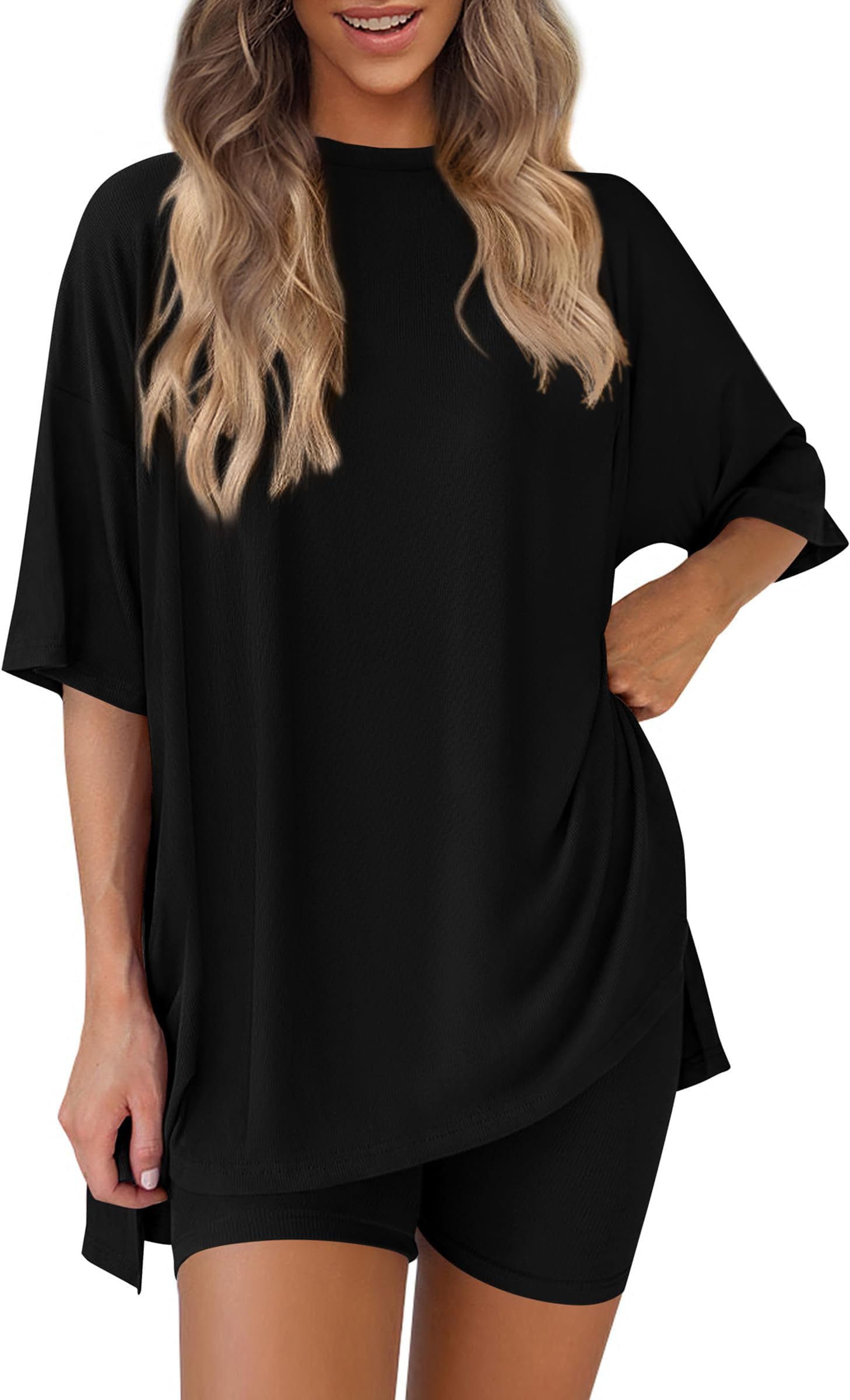 BUNSLOOM Zweiteiler Damen Sommer Oversize Shirt Radlerhose Set Casual Flughafen Reiseoutfit