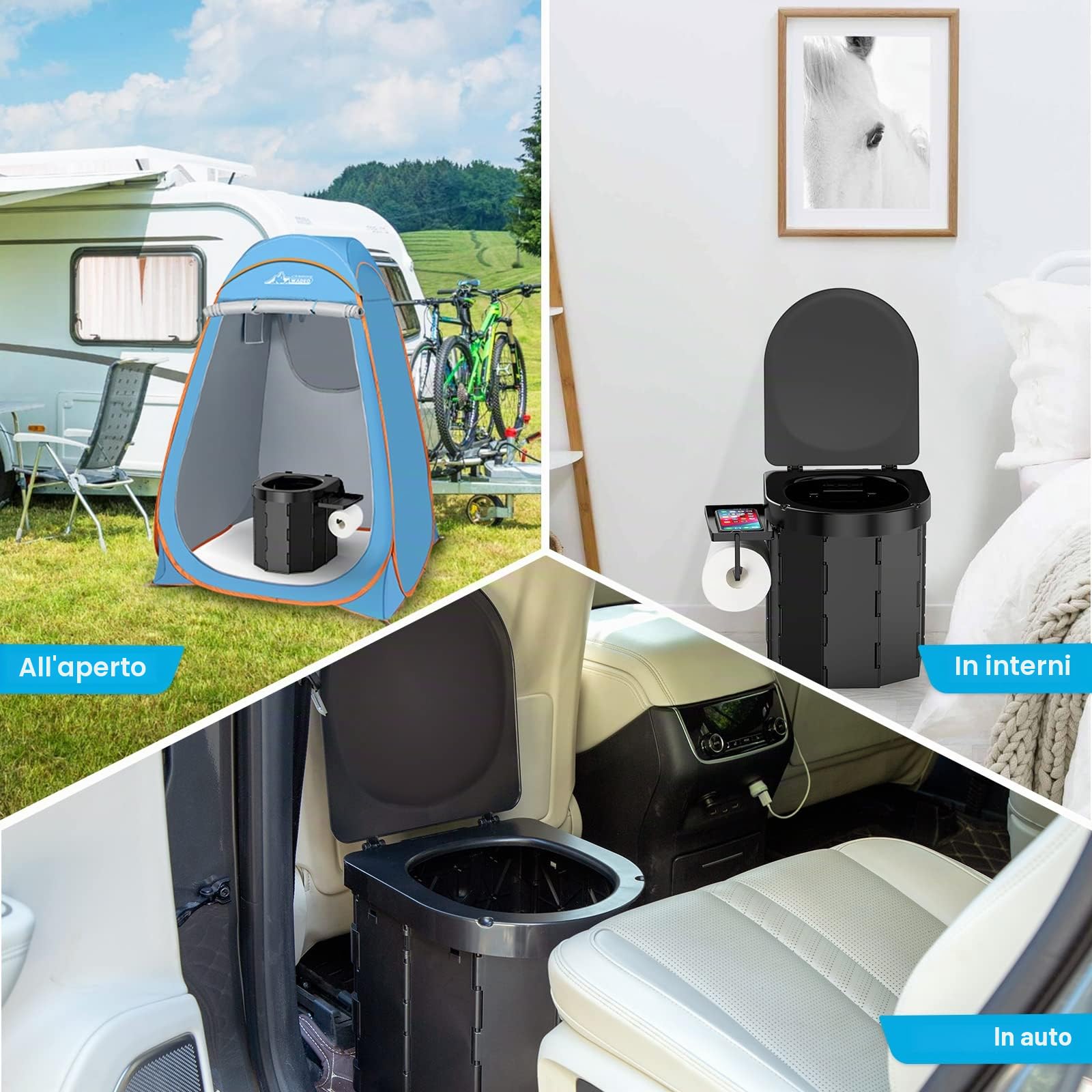 PAHTTO Toilette portatile da campeggio, WC pieghevole per adulti con ripiano staccabile per telefono e porta carta igienica, vasino porta con coperchio (nero)