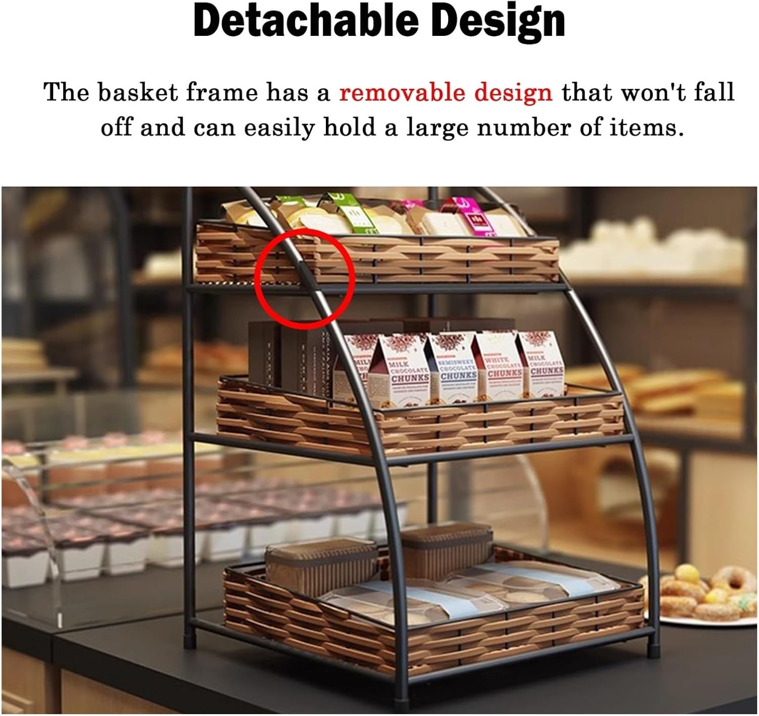 Bakery Display Rack for Countertops, Small Supermarket Food Organizer Rack for Snack Cans/Fruit Veggies, Food Baskets for Bar/Gameroom/Party(3-Tiers)