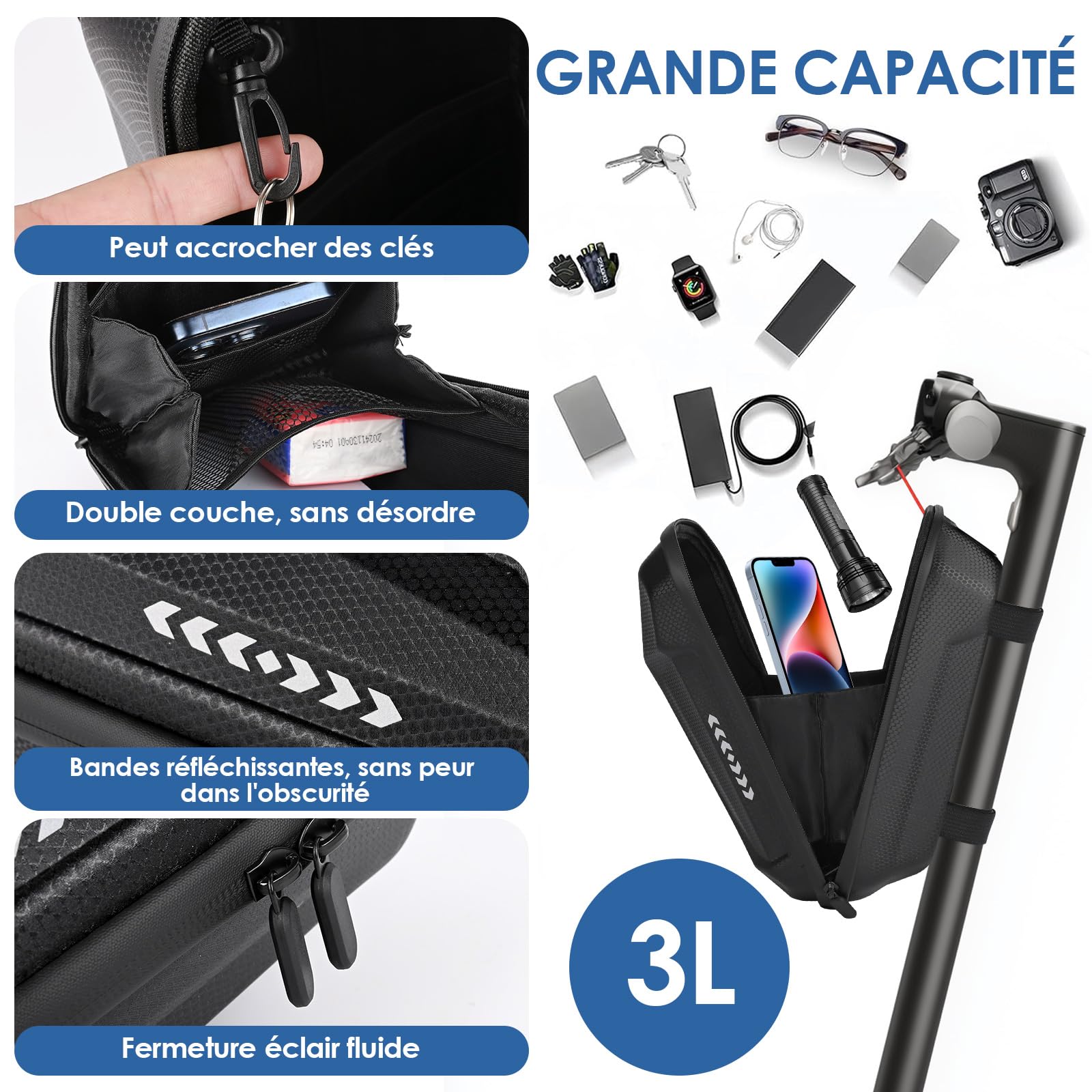 3L Sacoche Trotinette Electrique, Étanche Sac de Scooter, Accessoire Trotinette Electrique, Compatible avec Xiaomi Mijia, Ninebot, Sedway