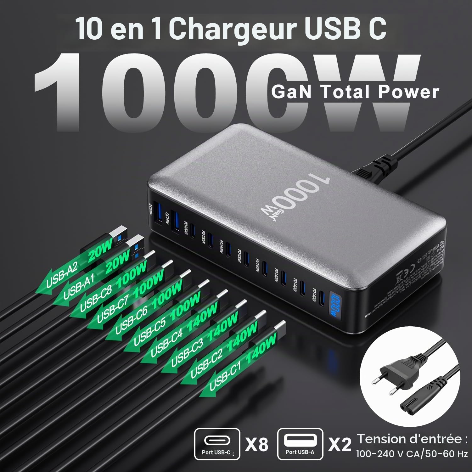 1000W Chargeur Multiple USB C Rapide, Station De Charge 10 Ports GaN USBC, Chargeur Laptop 140W Et 100W Pour MacBook Pro/Air, Lenovo,HP, Hub de Charge Bureau Multiprise USB Pour iPhone, Samsung, Pixel