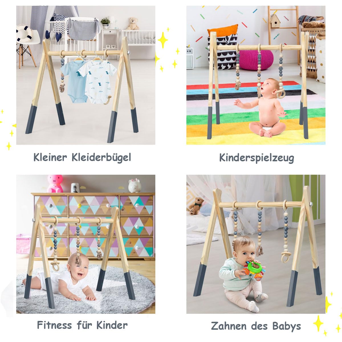 DREAMADE Spieltrapez aus Holz, Motorikspielzeug für Babys, Spielbogen mit 3 Spielzeugringe & 2 Kleinen Tiermodellen, Aktivitätszentrum mit Dreieckigen Struktur, für Kinderzimmer (Grau)