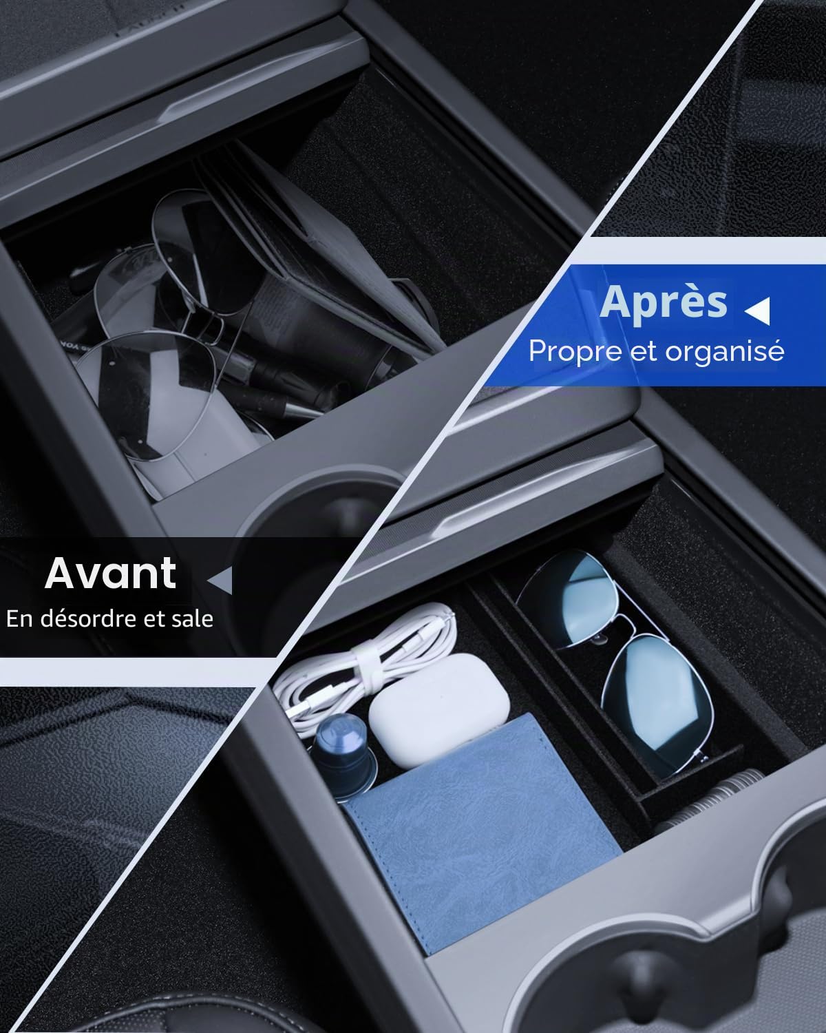 Lot de 3 accessoires pour Tesla Model Y 2025-2026 Juniper - Organiseur de console centrale, bac organisateur en silicone et boîte de rangement pour accoudoir (revêtement en velours)
