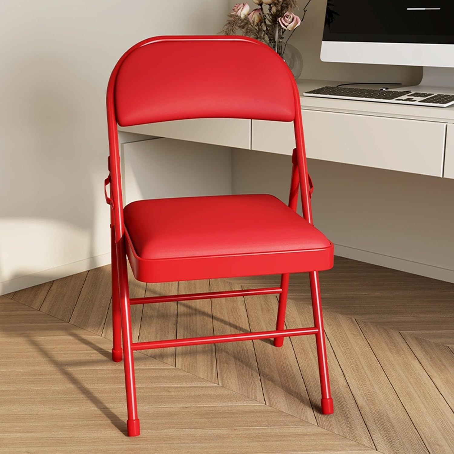 Torzk Folding Chairs with Padded Seats, Indoor Outdoor Portable Stackable Commercial Seat Foldable Stool with Thick Cushion for Events Office Wedding Party Kitchen Dining (Color : Red)