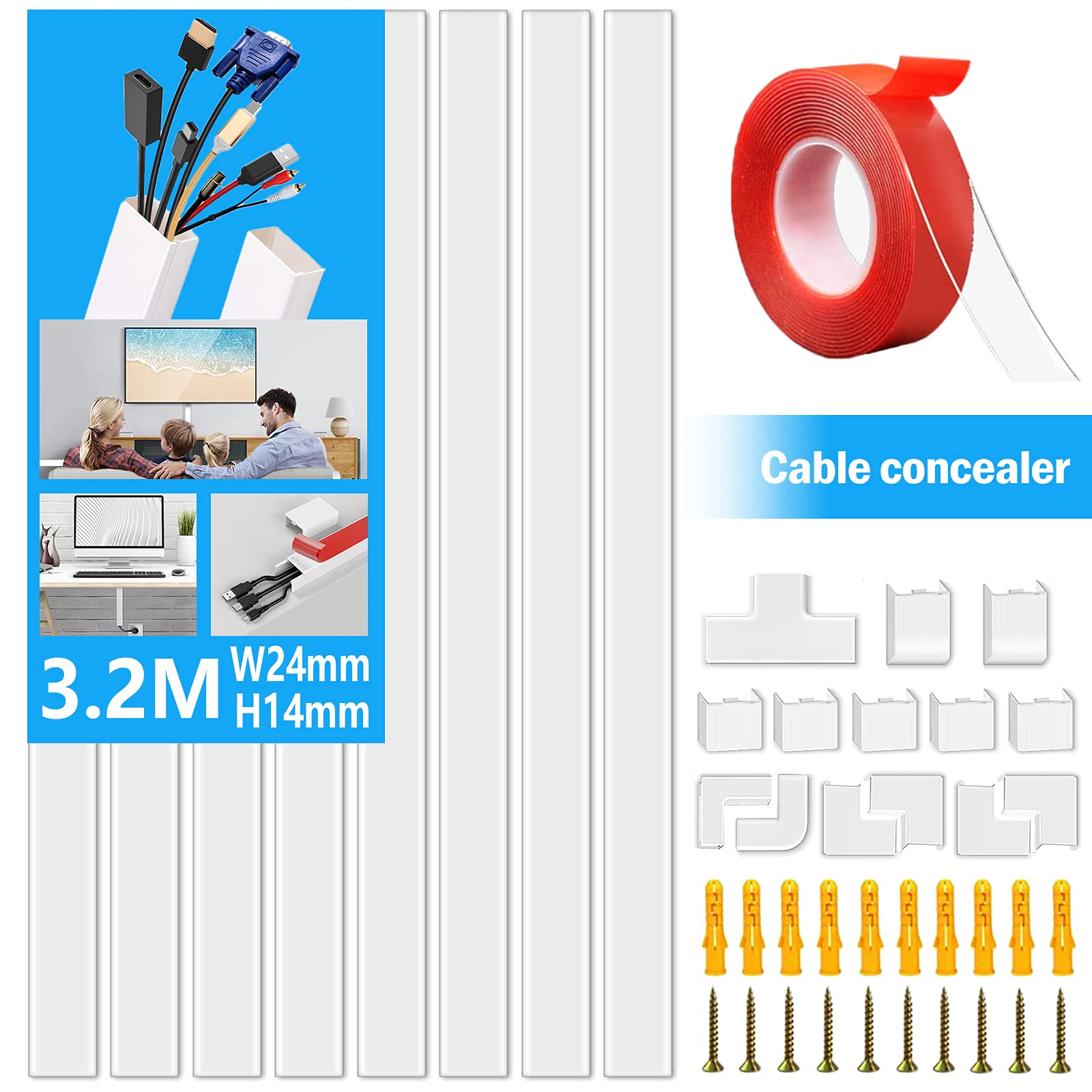Cable Trunking Kit, 2.4 Meter Cable Concealer, Cable Tidy Cable Raceway, Cable Management Kit for Home Office - 8X L400mm, W24mm H14mm, White
