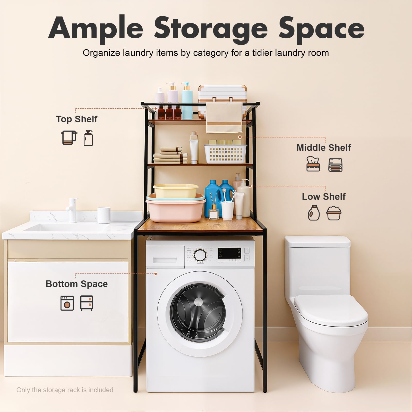 Étagère de Salle de Bain à 3 Niveaux - 69 x 60 x 176,5 cm - Support Noir - Étagère en chêne Antique - Étagère pour Machine à Laver et sèche-Linge - Support Peu encombrant