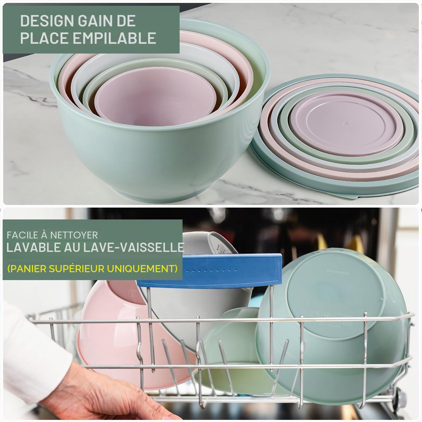 Greentainer Lot de 5 bols à mélanger en plastique avec couvercles, bols gigognes pour préparer, servir, cuisiner et pâtisserie, grand saladier pour le rangement de la cuisine, passe au lave-vaisselle