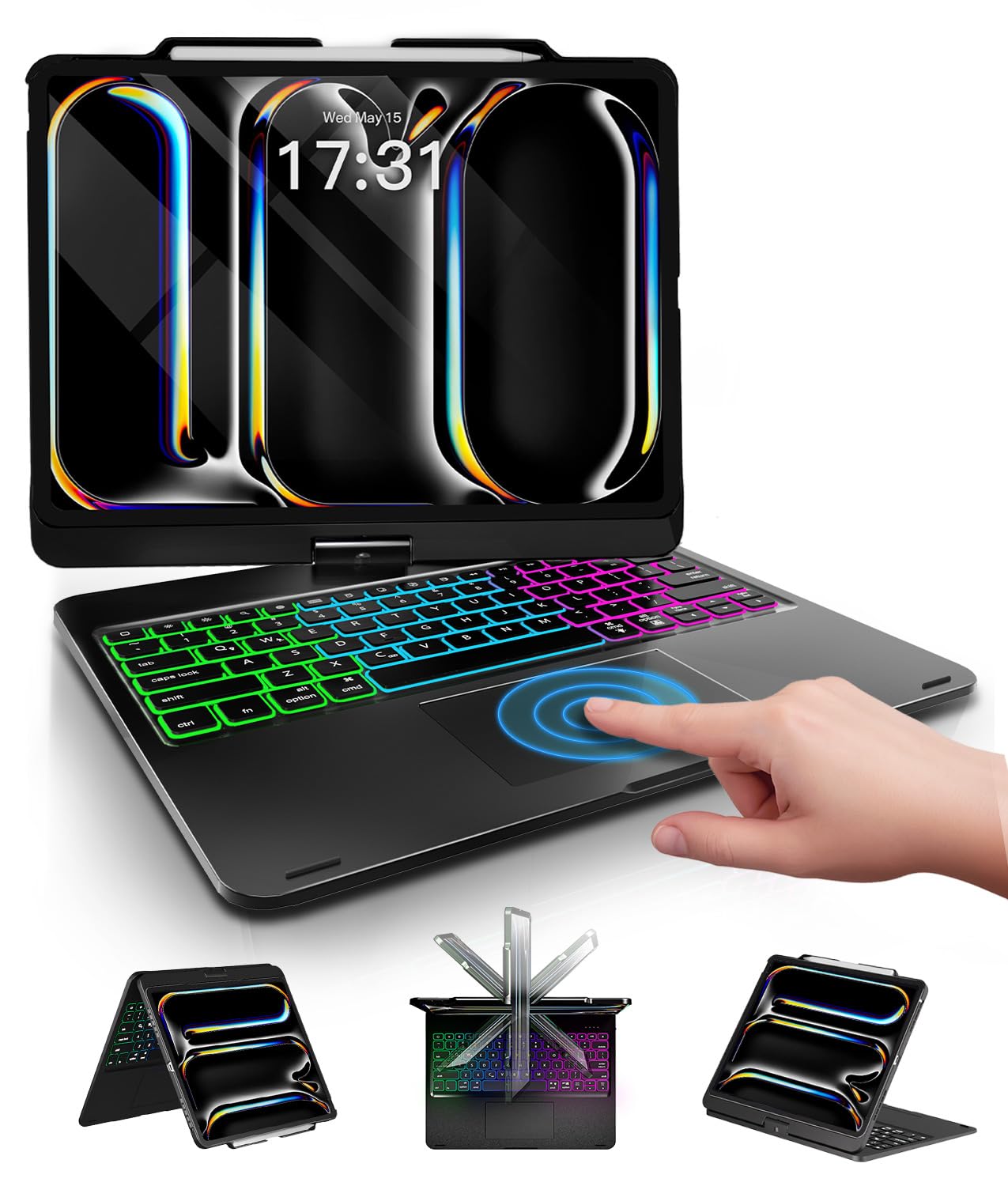 NOKBABO Trackpad Keyboard Case for iPad Pro 13 inch (M5/M4, 2025/2024), iPad Air 13" (M3/M2) & iPad Pro 12.9 6th/5th/4th/3rd, 360° Rotatable, Rainbow Backlit, Pencil Holder - Black