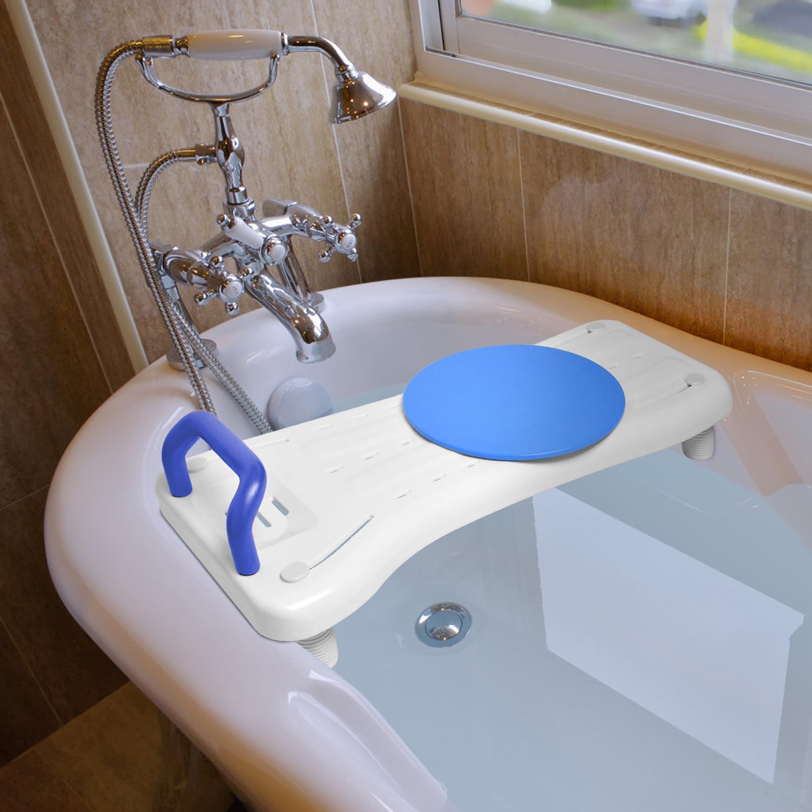 Aufun Planche de bain d'environ 75 cm de long, siège de baignoire pour adultes et personnes âgées, avec porte-savon, plaque tournante et poignée, chaise pour salle de bain (poignée bleue)