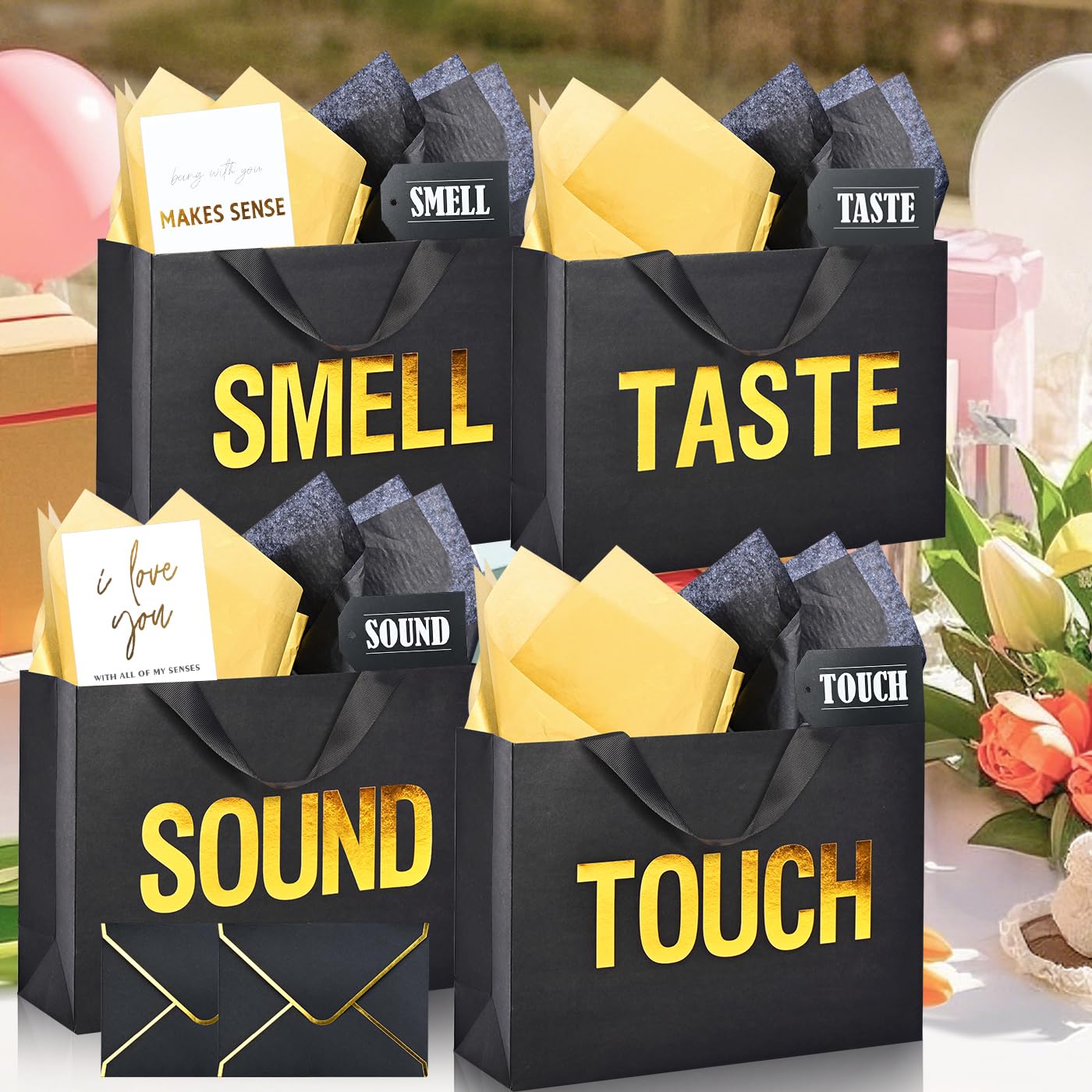 Large 5 Senses Gift Bags for Him with Labels, Envelopes and Cards,Gold Foil Five Senses Gift Bag for Her with Handles & Tissue Paper for Valentine's Day, Birthday, Wedding, Anniversary 12.6"X8.7"X4"