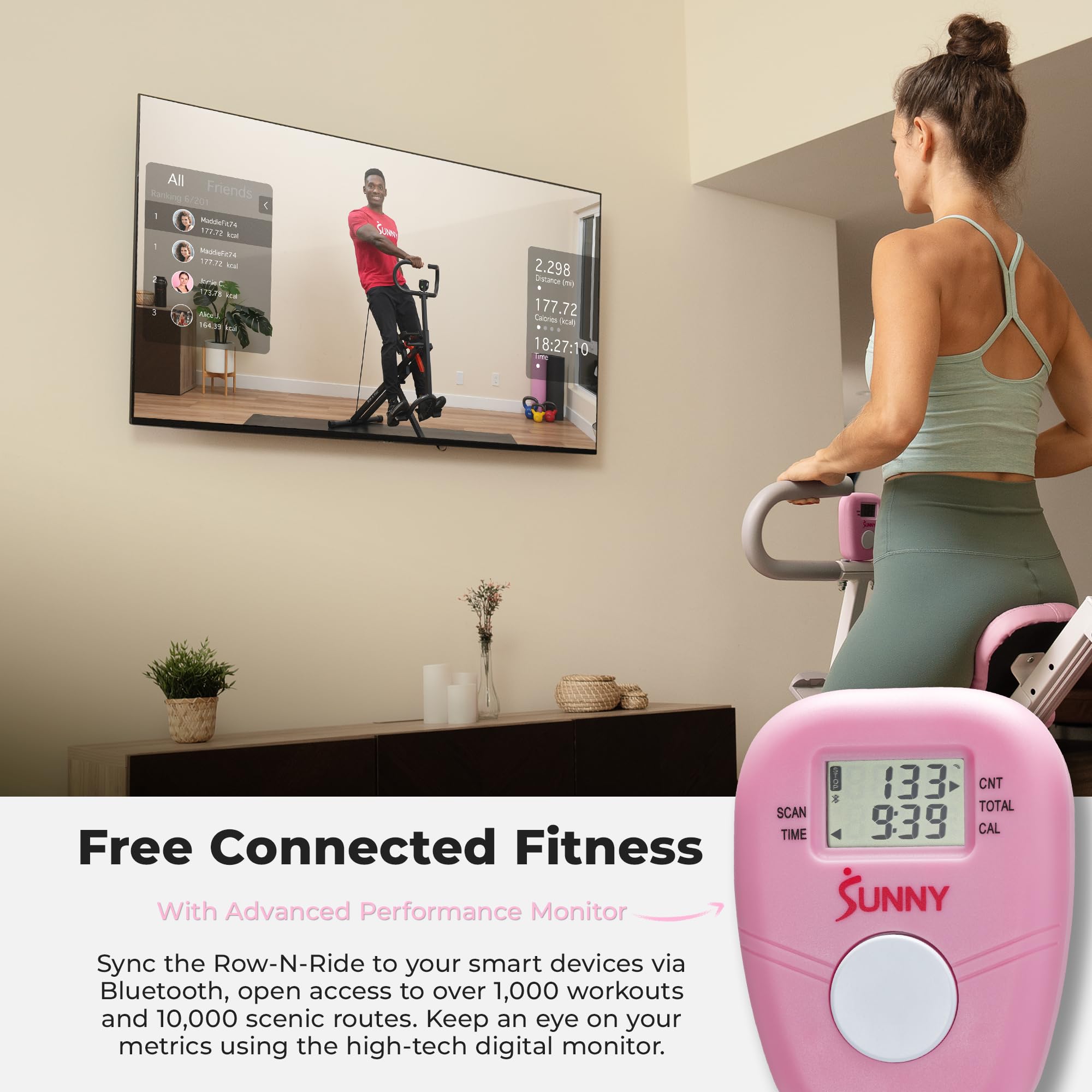 Sunny Health & Fitness Row-N-Ride Squat Assist Trainer dla pośladków i treningu cardio całego ciała z regulowanym oporem, opcjonalny pełny ruch i inteligentna funkcja z bezpłatną łącznością z