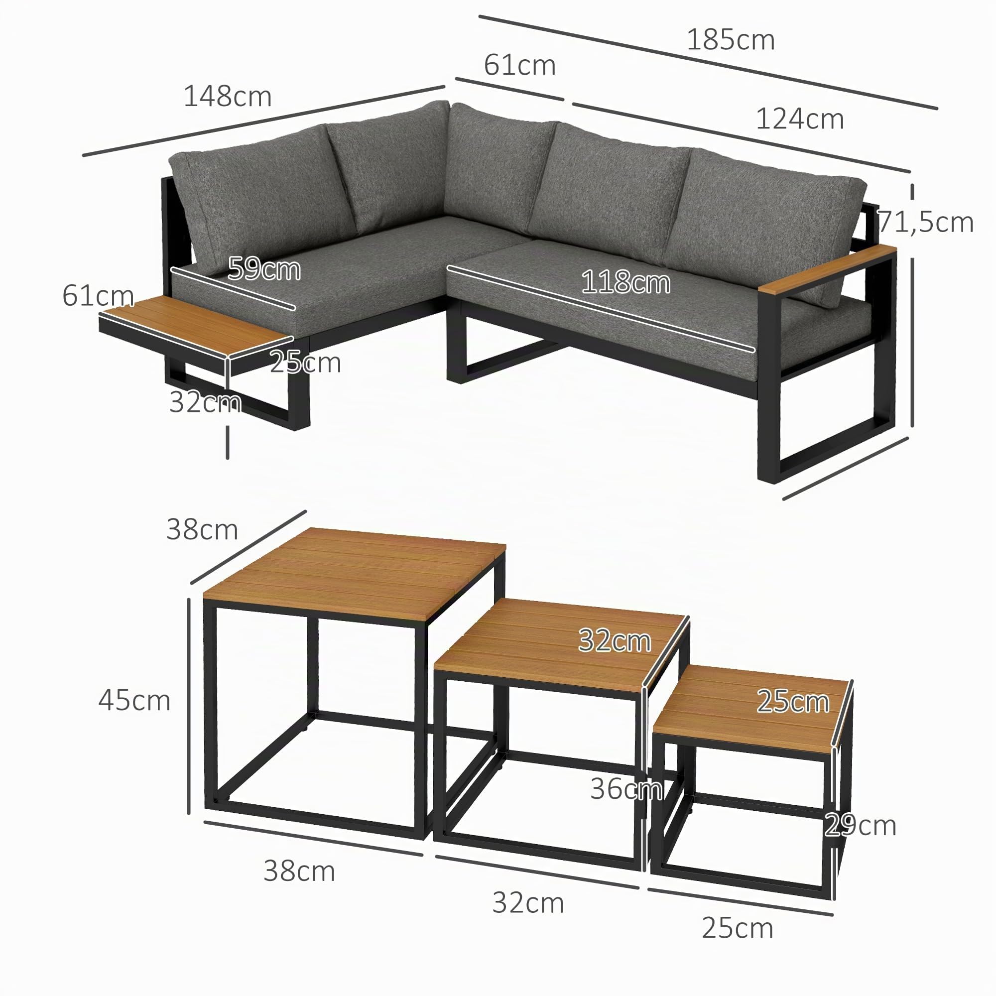 Outsunny 5-TLG. Gartenmöbel-Set mit Ecksofa, Doppelsofa, Couchtisch, Grau | Gartengarnitur inklusive Sitzkissen, Loungegruppe für Balkon und Terrasse, Balkonmöbel-Set