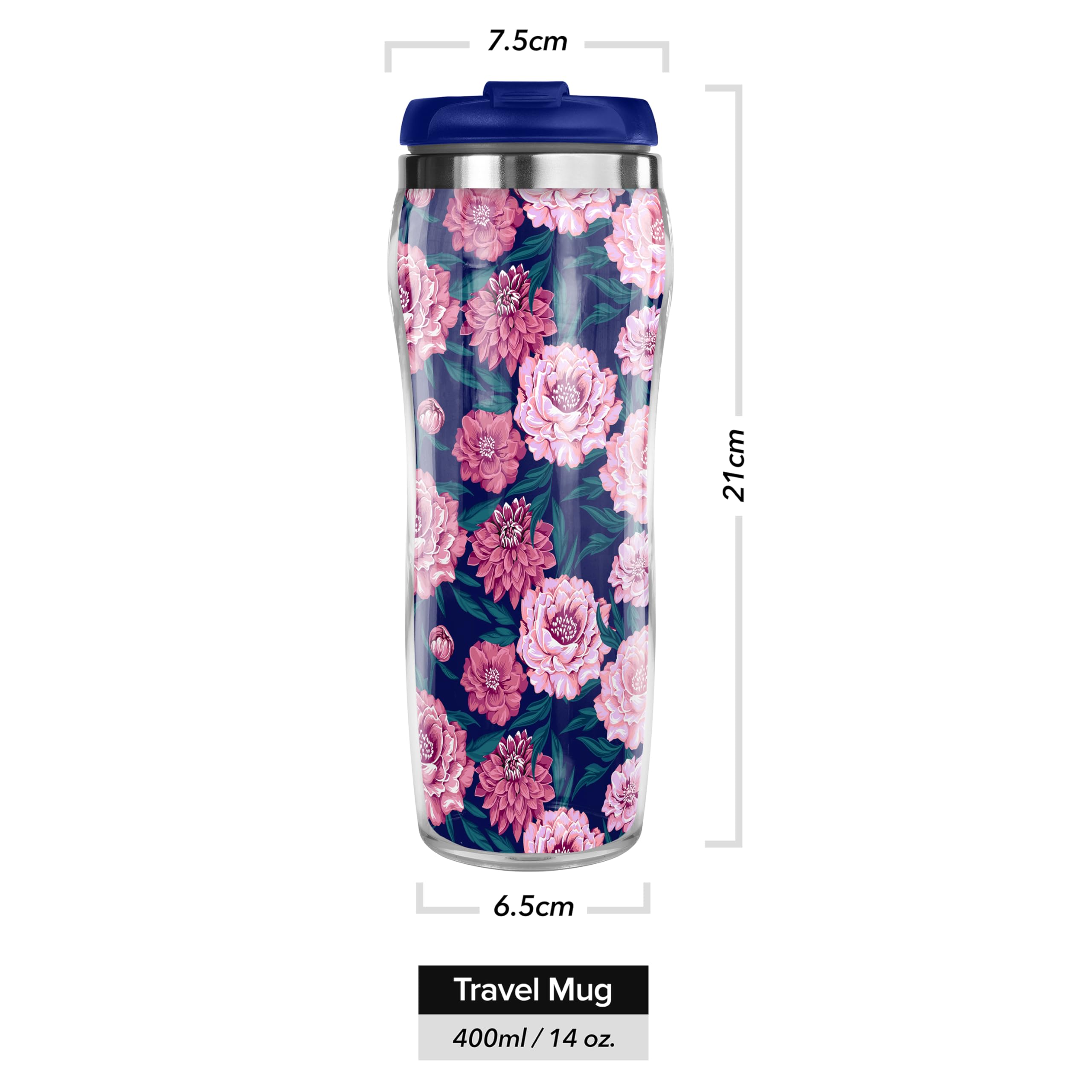 Pixly® Floral Pattern Thermal Travel Mug Coffee Tea Flask, 400ml/14oz Capacity, Flowers, Roses, Tropical Plants - Image 3