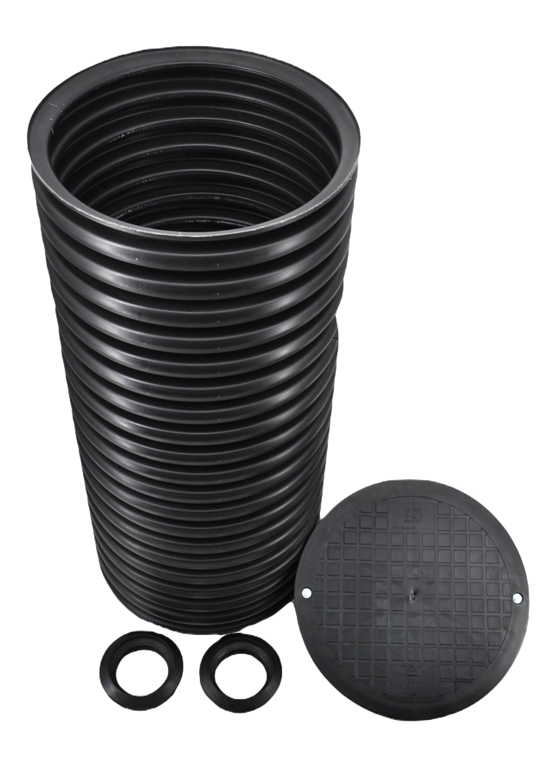Drainageschacht DN425 0,5m/1m mit Anschluss 2xDN110/2xDN160 Deckel Sickerschacht KG Schacht Kontrollschacht KG Rohr Drainage Dachrinne Mit Boden/Ohne Boden (1m Rohr 2x Manschette 110 ohne Boden)