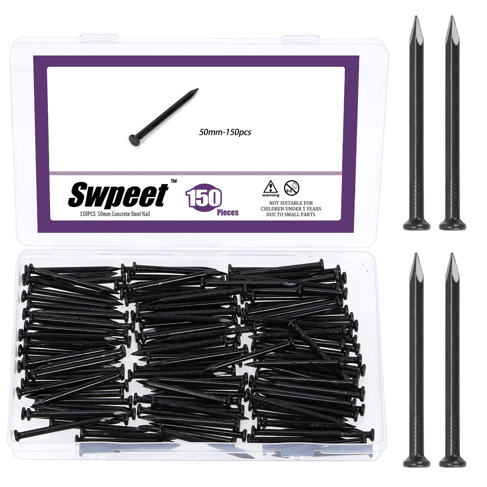 Swpeet Set di 150 chiodi neri per hardware da 2", chiodi in acciaio, chiodi zincati da 3,3 x 50 mm, piccoli chiodi, chiodi da parete, chiodi in legno, chiodi per calcestruzzo