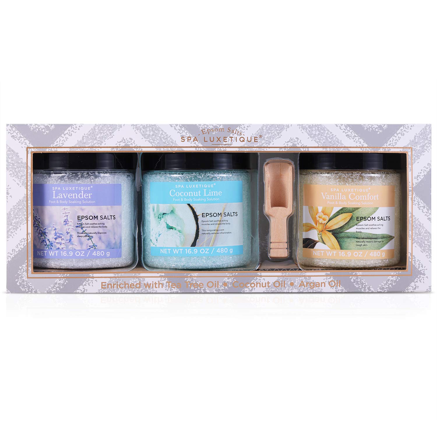 Spa Luxetique Sel d’Epsom, Coffret Sel de Bain, 3*480g avec l'Huile Essentielle, Lavande, Vanille,Noix de Coco Citron Vert,Pour un Bain de Pieds,Idéede Noël et d’Anniversaireet,Cadeau Fete des Meres