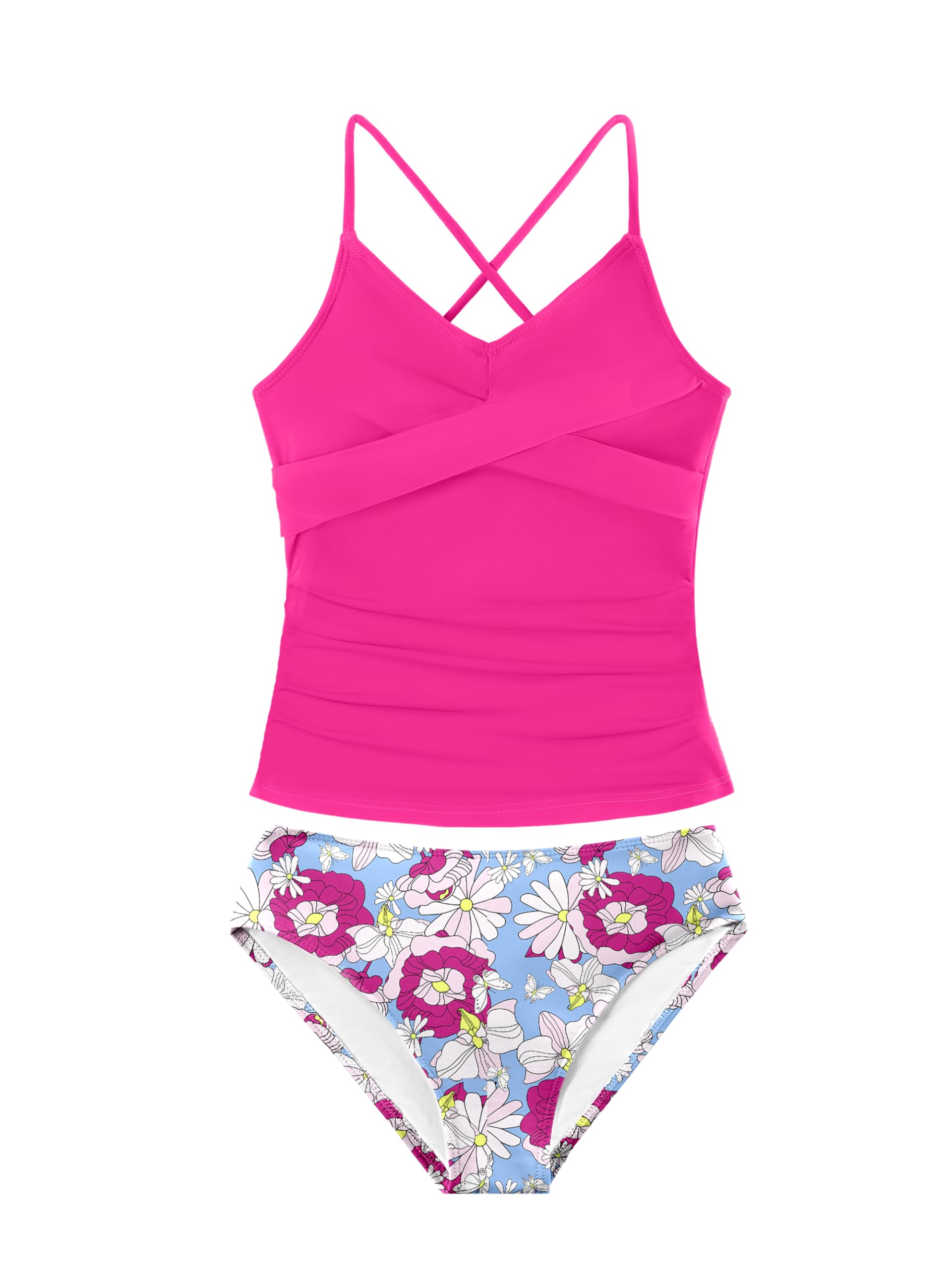 Girls Swimsuit Tankini Criss Cross Ruched 2 Piece Bathing Suit Printed Girl Swimwear for Teens 9-16Y