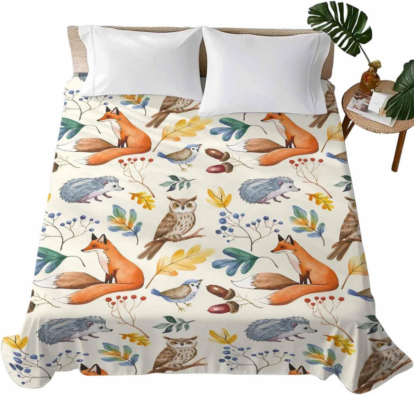 King Flat Sheet, Fall Leaves King Bed Sheets Only, Soft Microfiber Flat Sheet, Autumn Thanksgiving Fox Hedgehog Owl Retro Hotel Quality Bedding Top Sheet Bedroom Home Dorm Decor