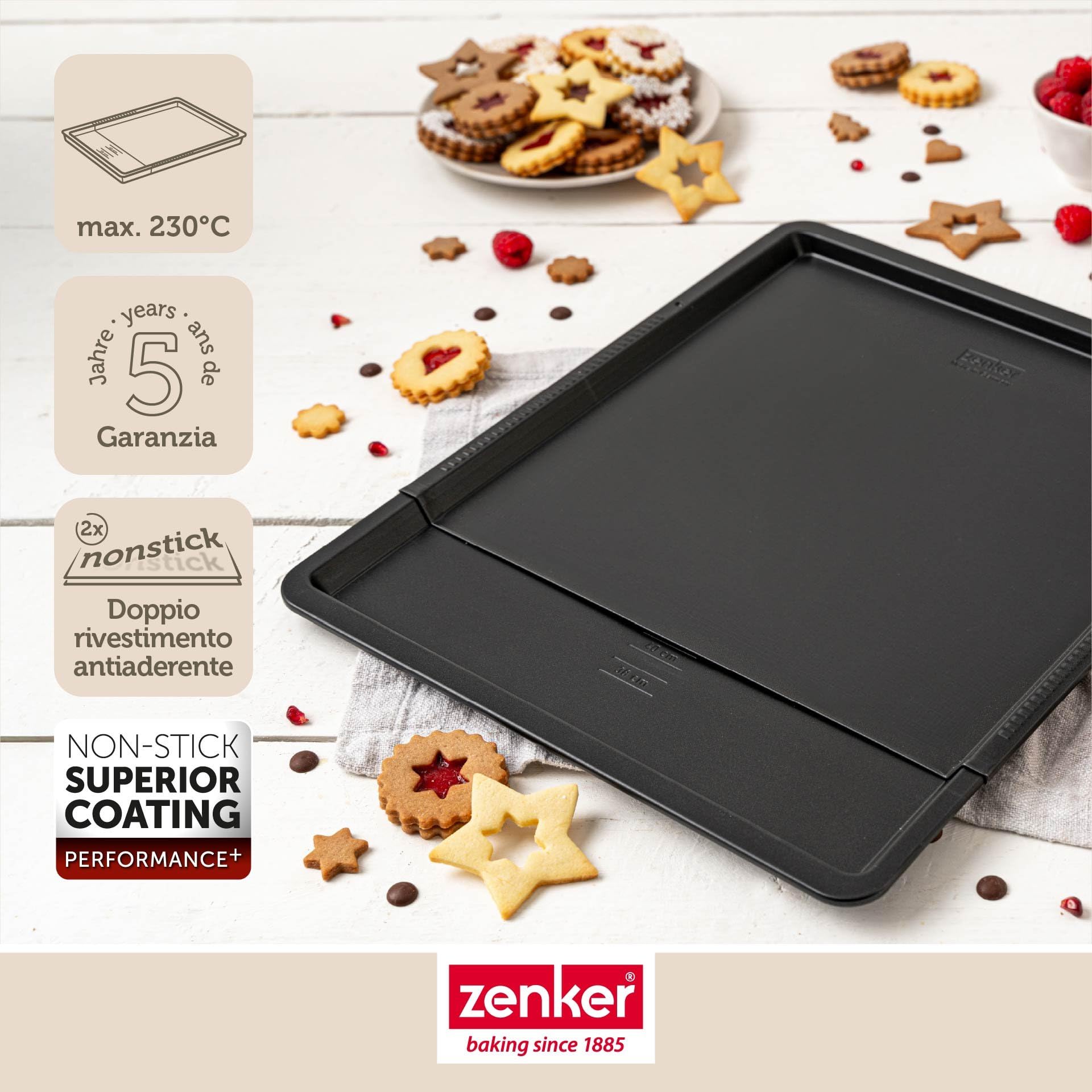 Zenker Perfect Black - Teglia da forno e biscotti, 37-52 cm, regolabile in lamiera d'acciaio con doppio rivestimento antiaderente, resistente al calore +230 °C, Made in Germany