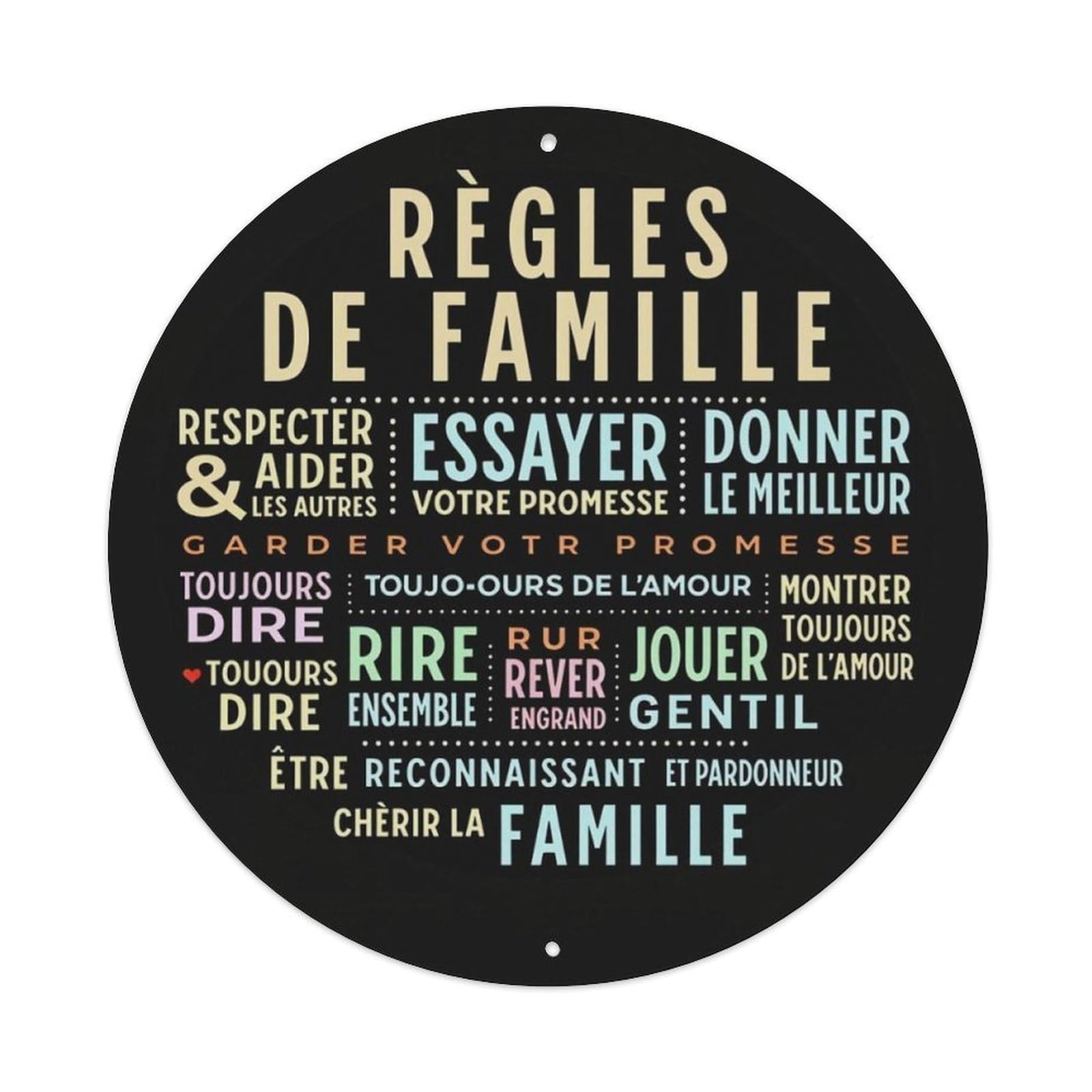 French Family Rules Text Round Decorative Sign Vintage Aluminium Metal Sign, Retro Wall Decor for Home, Bar, Garage & Farmhouse 20x20cm