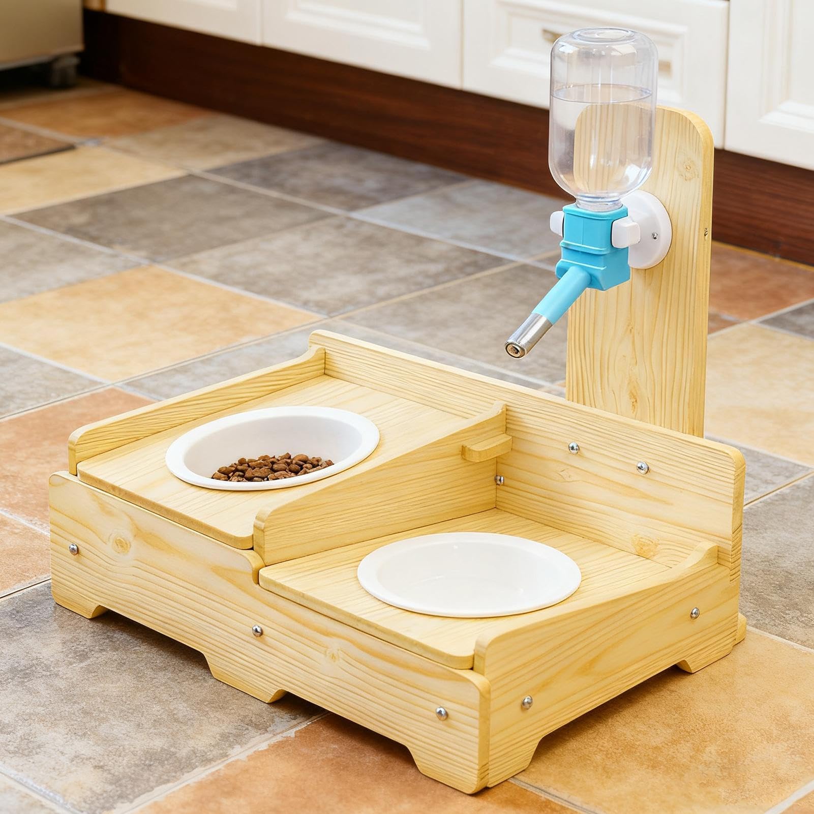 Dispensador De Agua para Perros Bebedero De Madera con 2 Boles
