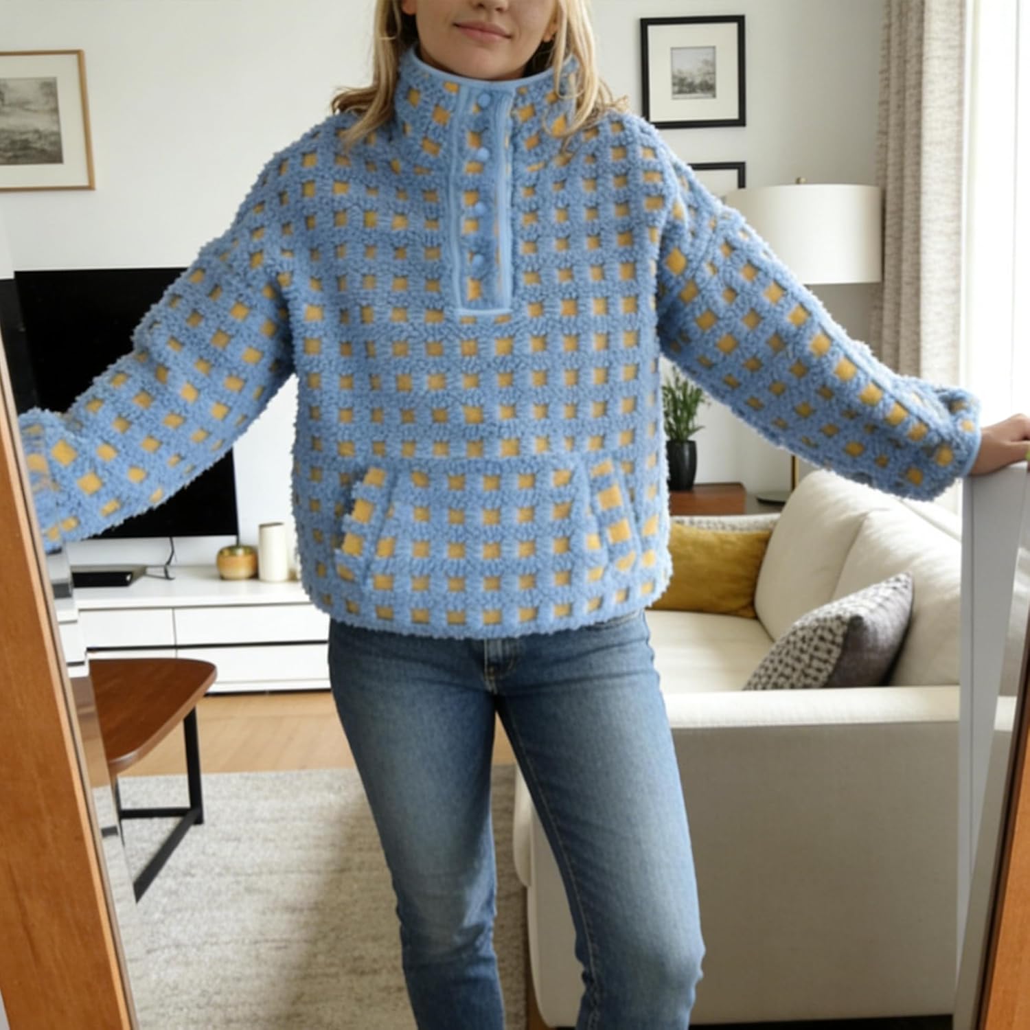 Checkered Fleece Sweatshirt for Women Long Sleeve High Neck Fuzzy Sherpa Hoodie Winter Plaid Pullover Top with Pocket - Image 6