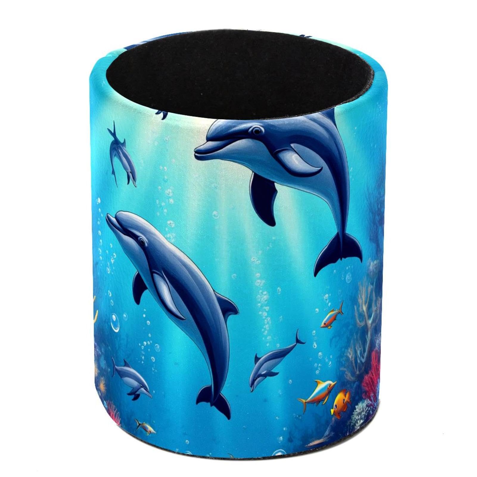 HEOEH Underwater Dolphin Pen Holder for Desk, PU Leather Pencil Holder Pen Cup Marker Holder Makeup Brush Holders, Desk Accessories & Workspace Organizers for Home, Office