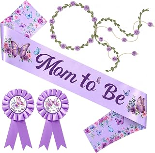 Chunful Pink Butterfly Theme Mom to Be Sash Baby Shower, Classic, Purple | Dad to Be Pin & Flower Crown Headband for Gender Reveal Party Baby Shower Party Favors for Girls Pregnancy Photo Props Gifts