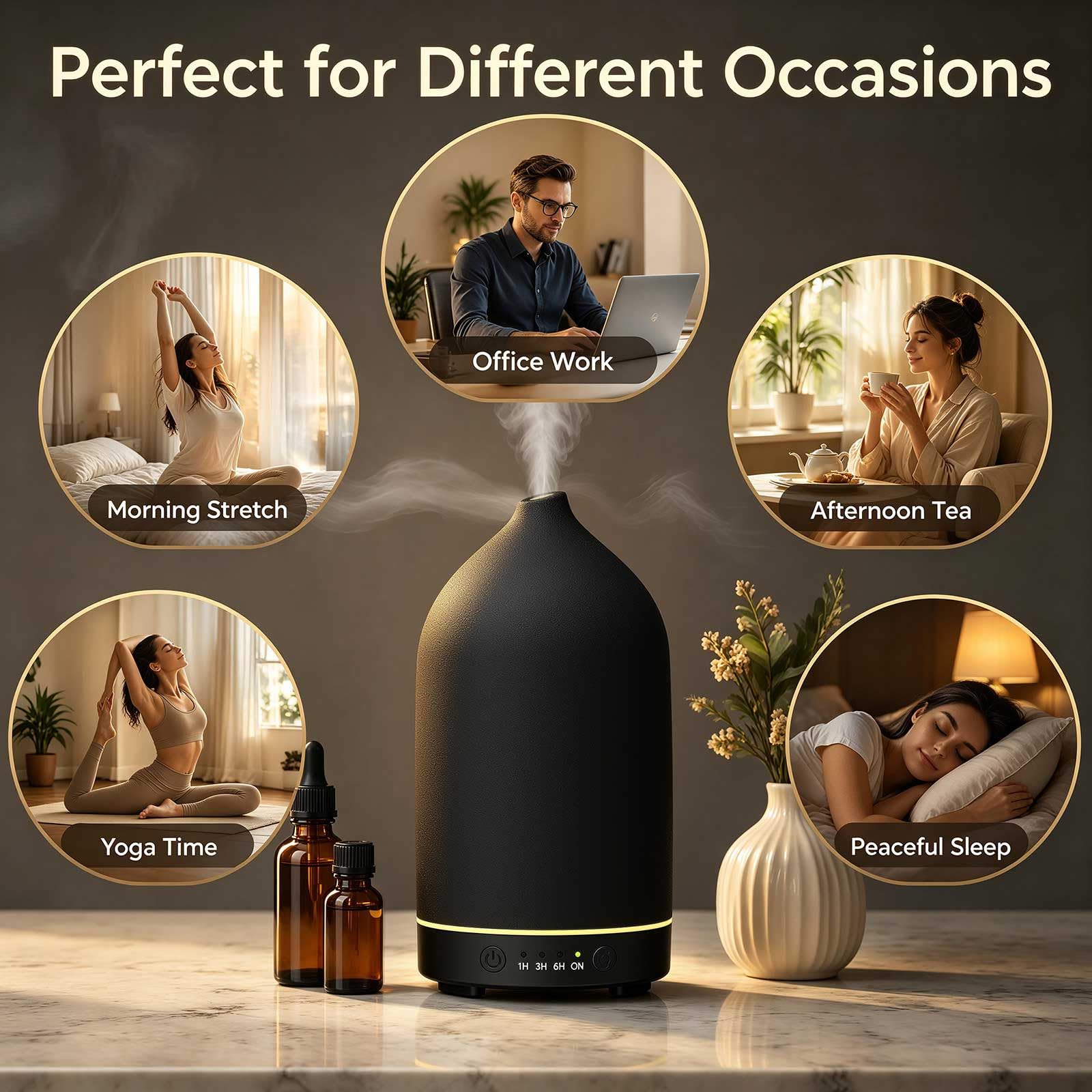 Gooamp Diffuseur en céramique de 200 ml, diffuseur d'aromathérapie, diffuseur d'huiles essentielles avec 7 lumières de couleur, arrêt automatique pour la maison, le bureau, la chambre, noir