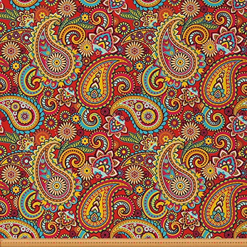 Paisley Fabric by The Yard,Colorful Boho Paisley Floral Upholstery Fabric for Chairs Sofa,Bohemian Exotic Outdoor Fabric Waterproof,Indian Style Fabric,3 Yards,(L276*W150cm) Red Orange