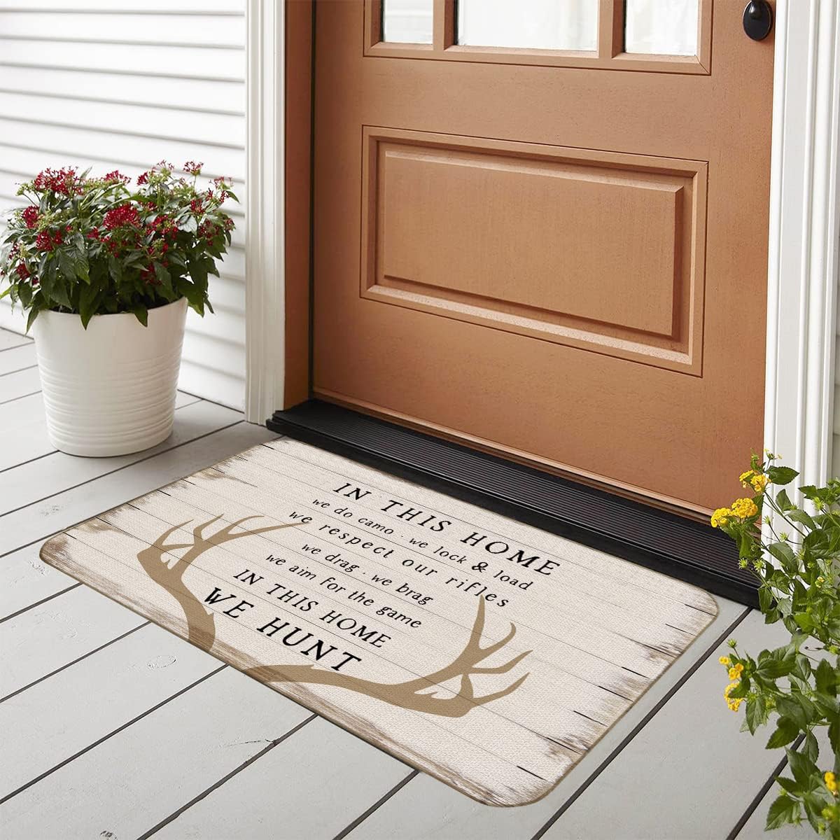 BXFAHZJ in This Home We Do Camo, We Lock&Load We Respect Our in This Home We Vintage Camo Deer Farmhouse Door Mat 17x30 Inch Indoor Outdoor Entrance Doormat Decor for Home Farmhouse